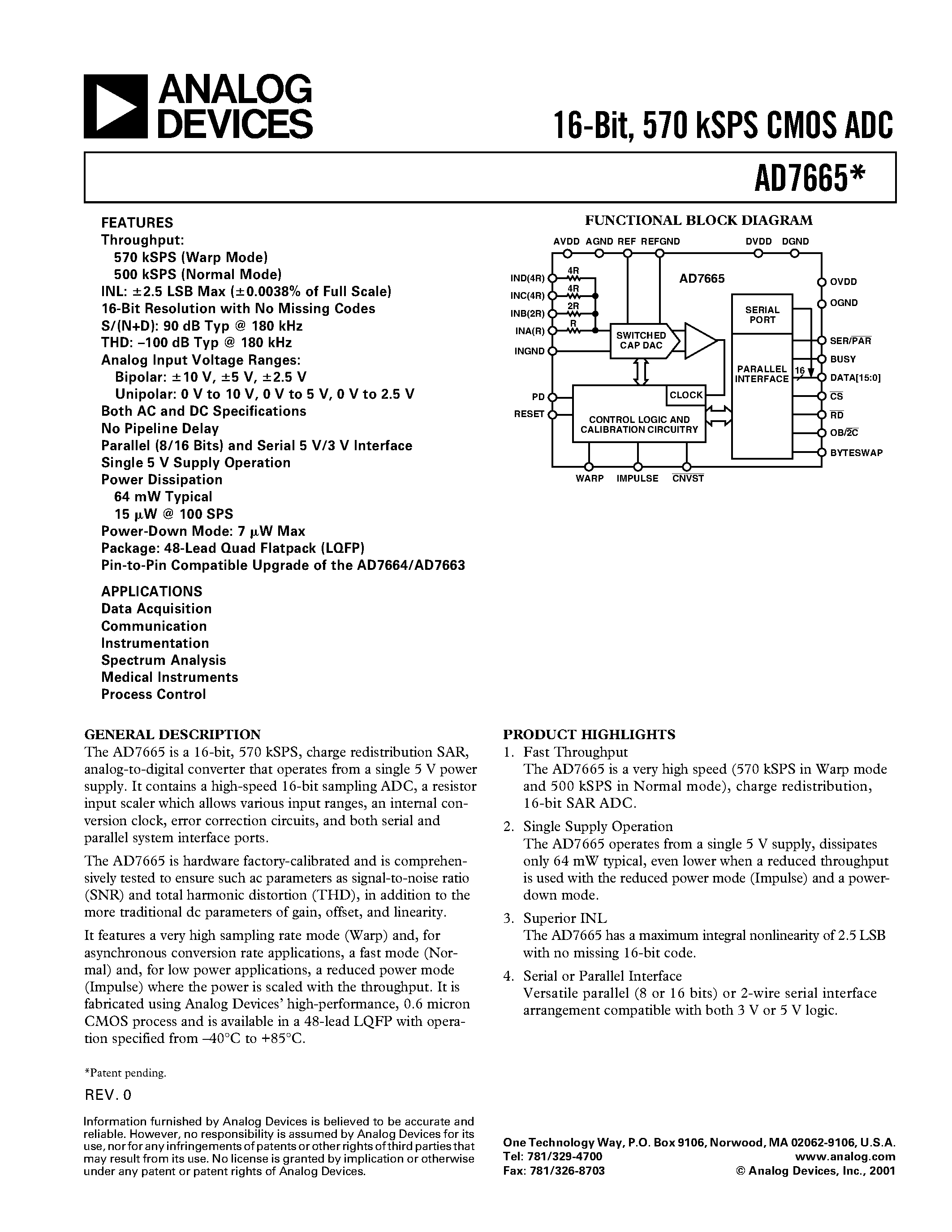 Datasheet AD7665AST - 16-Bit/ 570 kSPS CMOS ADC page 1