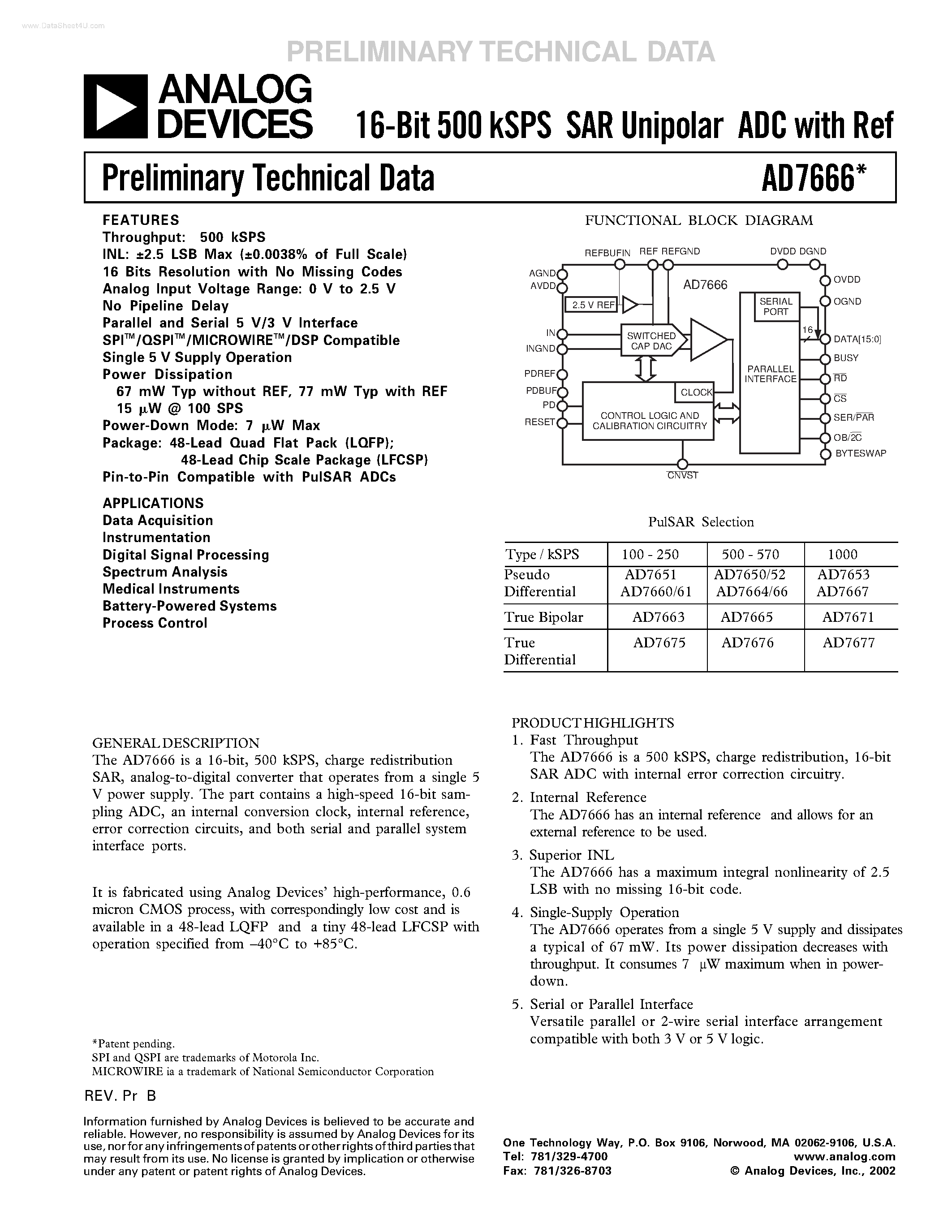 Datasheet AD7666 - 18-Bit/ 2.5 LSB INL/ 570 kSPS SAR ADC page 1