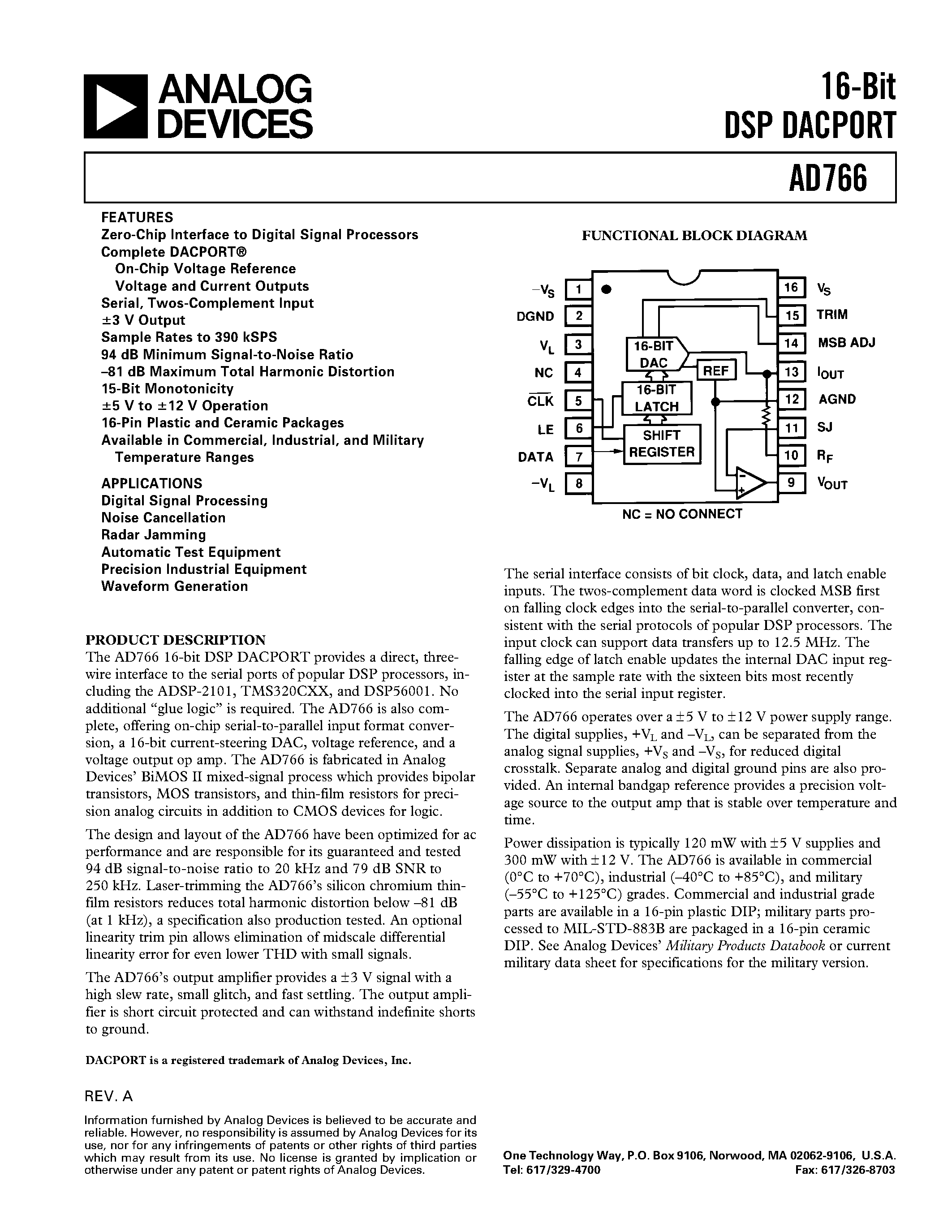 Datasheet AD766AN - 16-Bit DSP DACPORT page 1