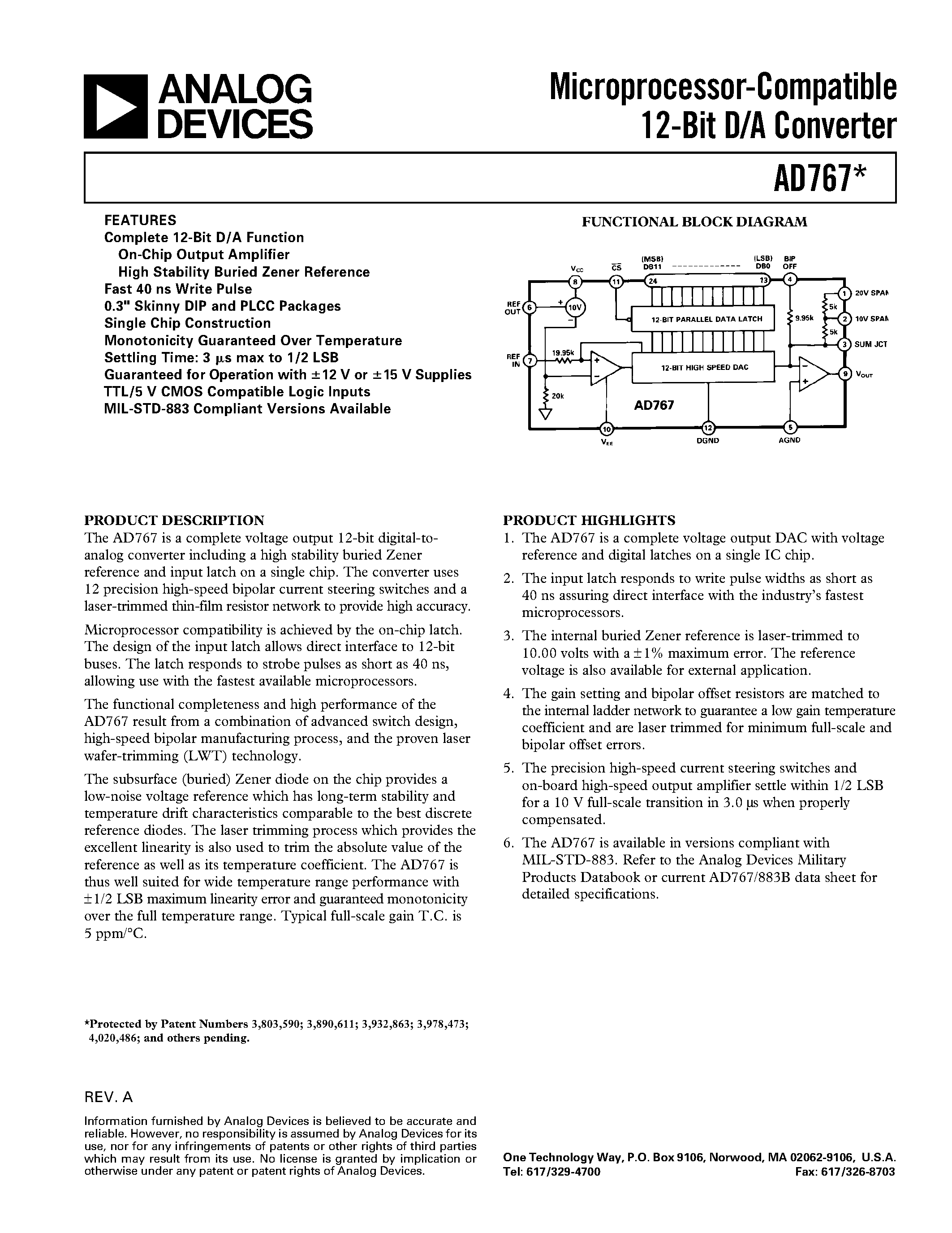 Datasheet AD767 - Microprocessor-Compatible 12-Bit D/A Converter page 1