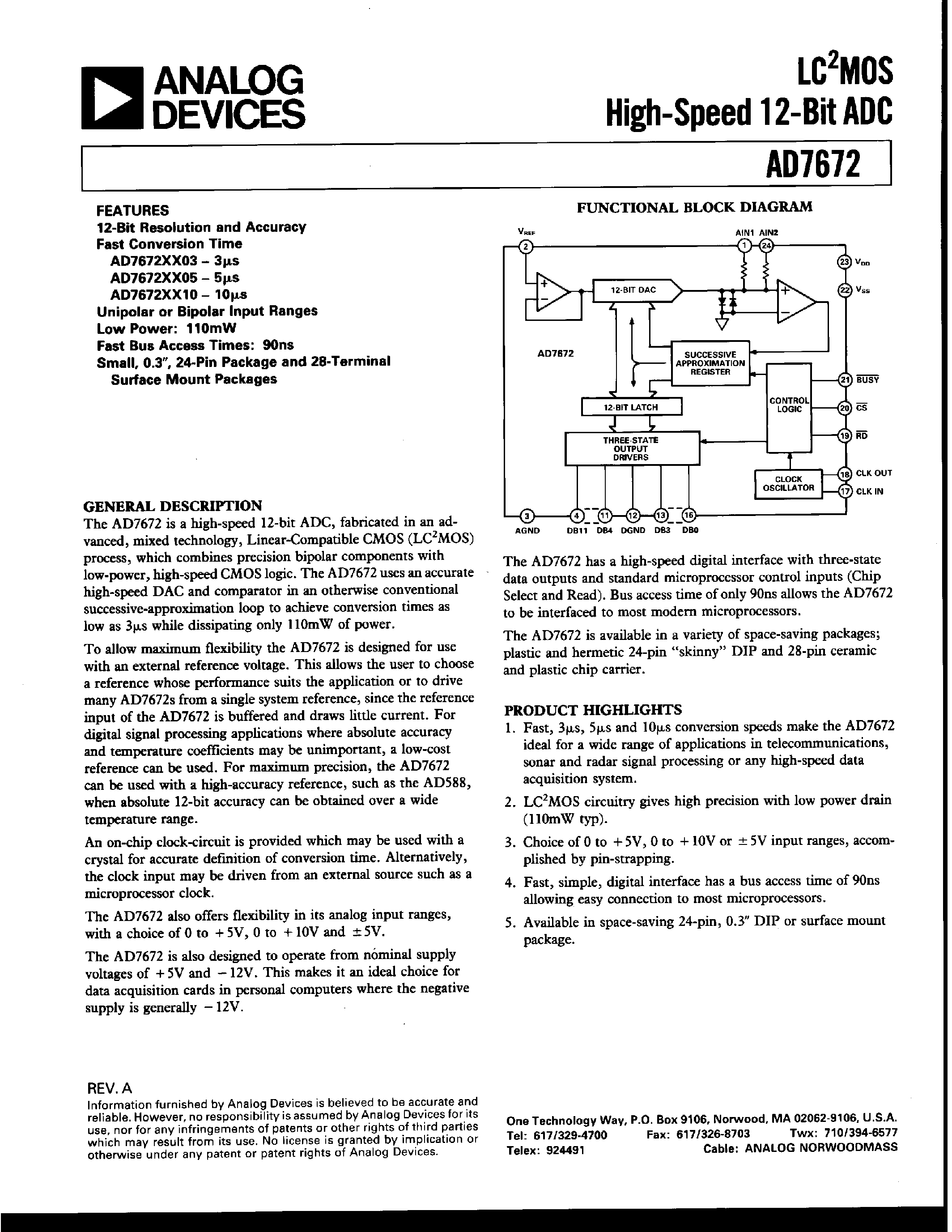 Даташит AD7672LP10 - LC2MOS HIGH-SPEED 12-BIT ADC страница 1