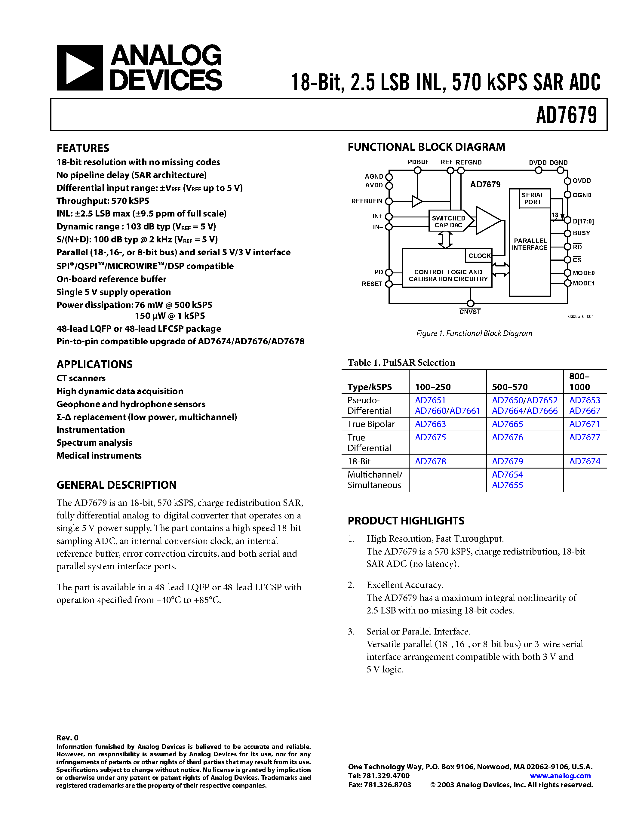 Datasheet AD7674 page 1 Datasheet AD7674 - 18-Bit/ 2.5 LSB INL/ 570 kSPS SAR ADC page 1