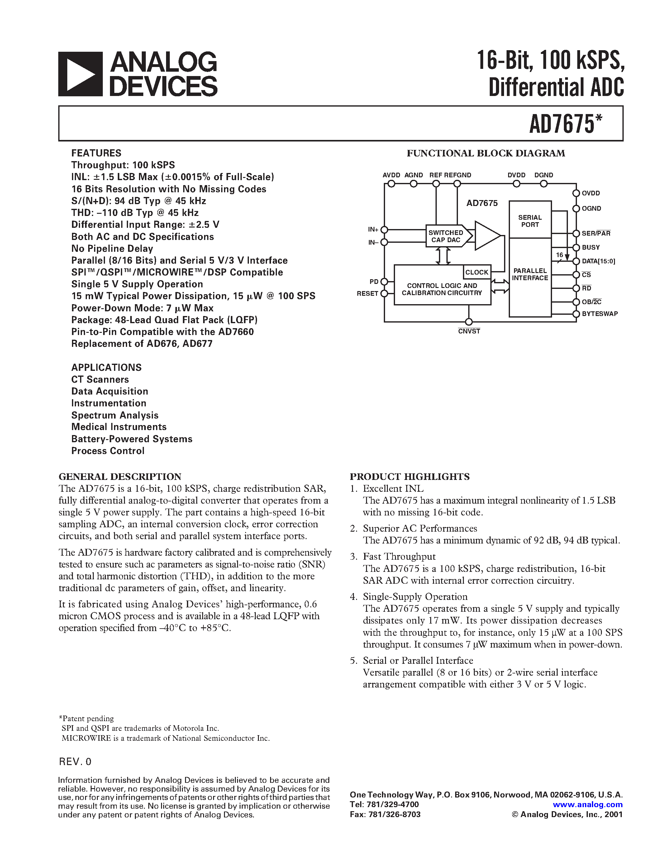 Datasheet AD7675AST - 16-Bit/ 100 kSPS/ Differential ADC page 1