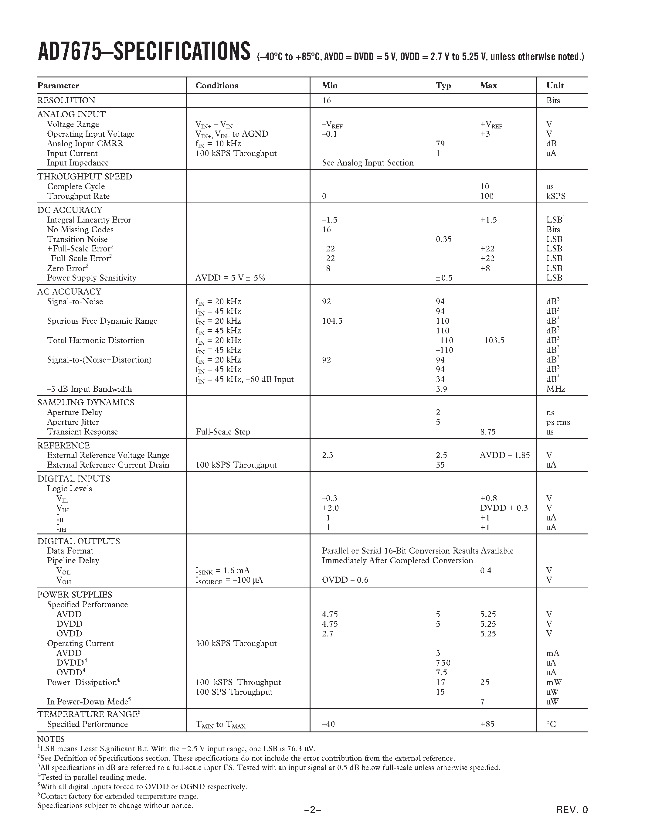 Datasheet AD7675AST - 16-Bit/ 100 kSPS/ Differential ADC page 2