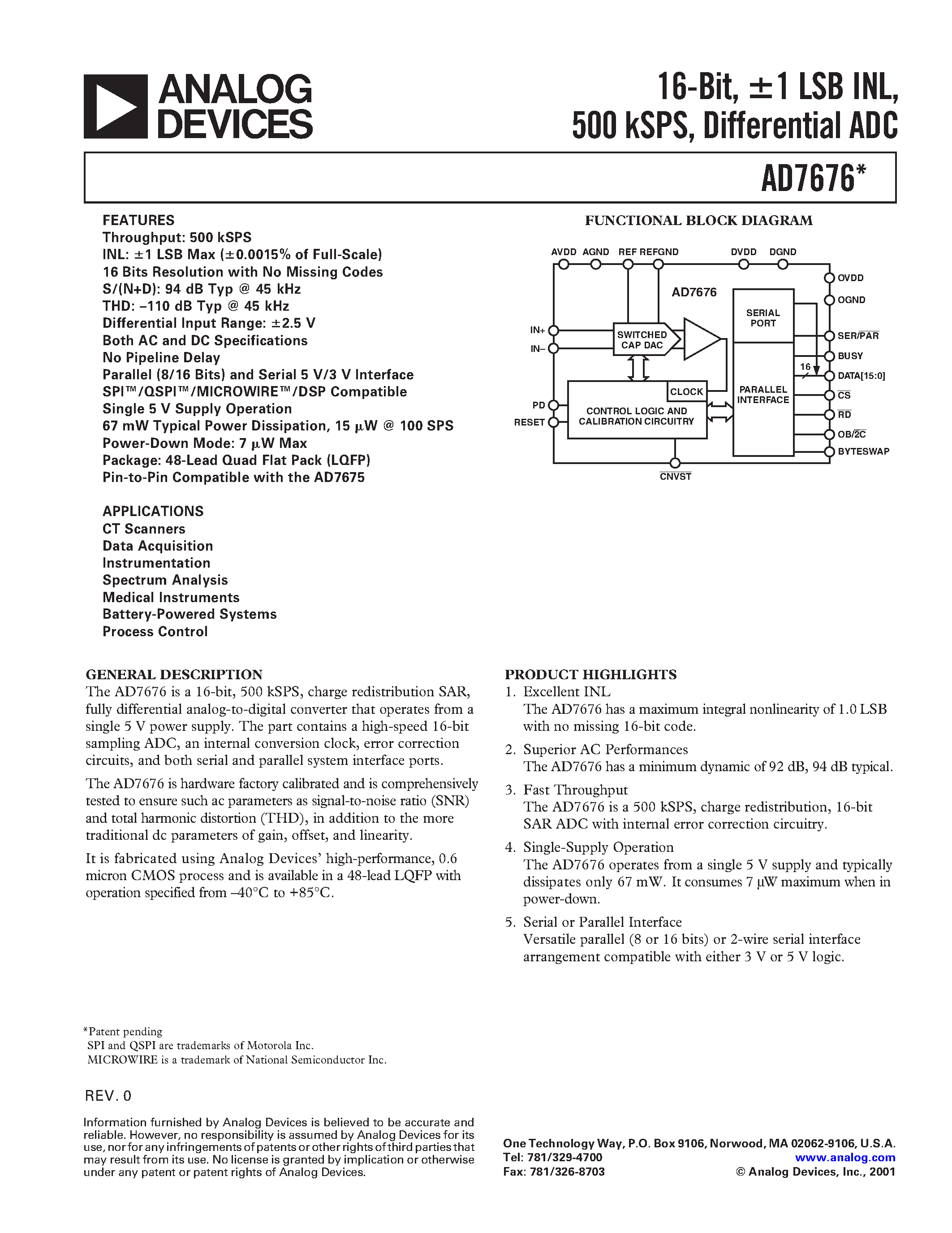 Datasheet AD7676AST - 16-Bit +-1 LSB INL/ 500 kSPS/ Differential ADC page 1
