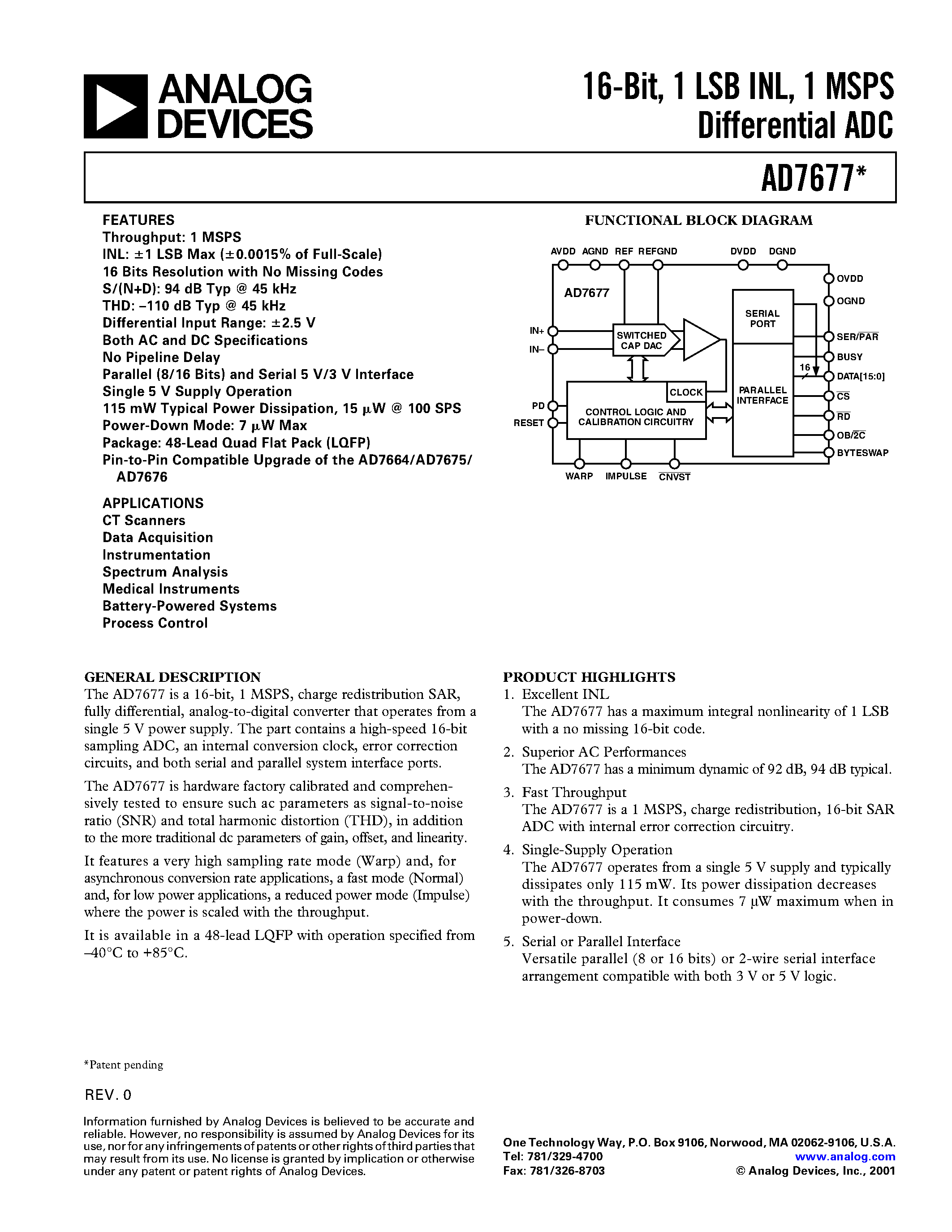 Datasheet AD7677 page 1 Datasheet AD7677 - 18-Bit/ 2.5 LSB INL/ 570 kSPS SAR ADC page 1
