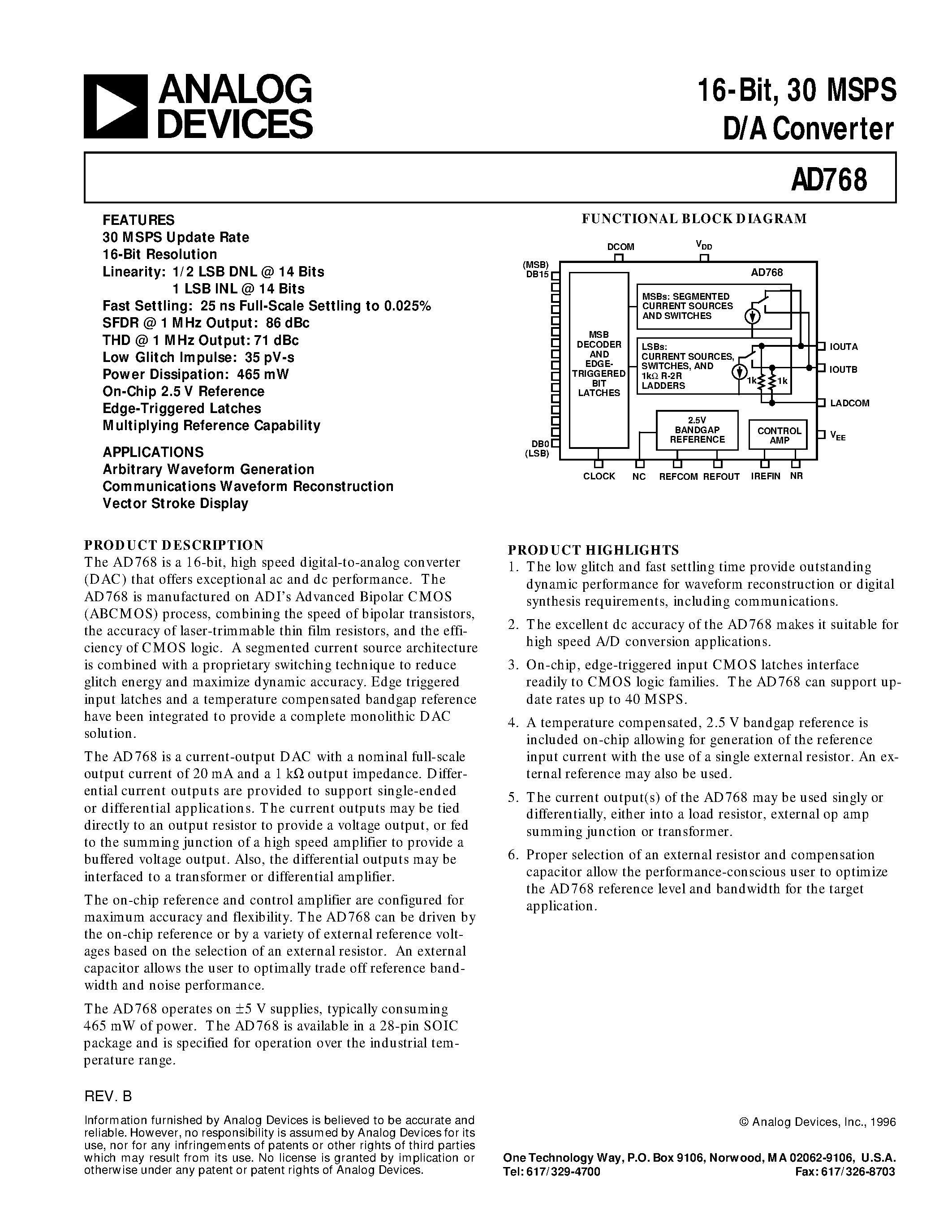 Datasheet AD768ACHIPS - 16-Bit/ 30 MSPS D/A Converter page 1