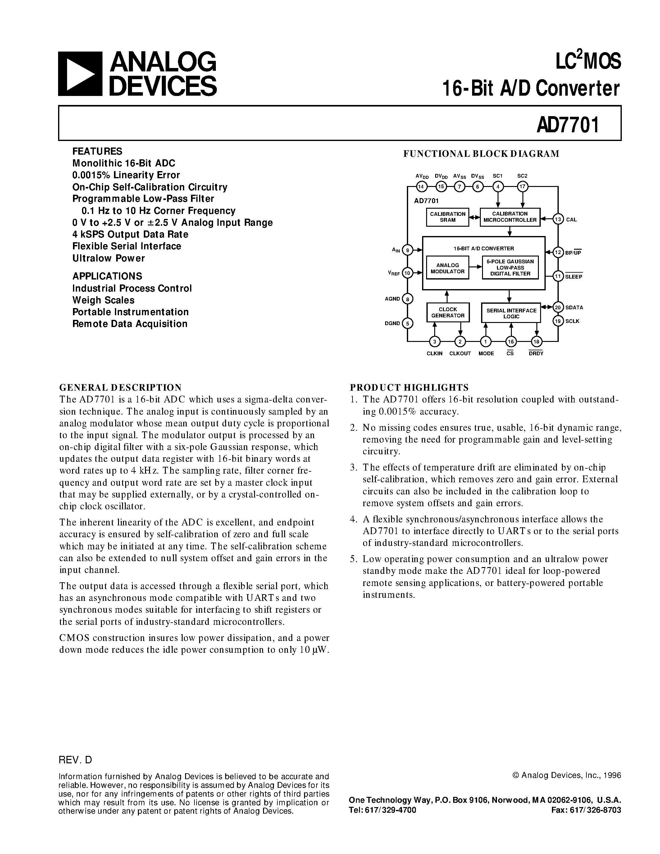 Даташит AD7701AN - LC2MOS 16-Bit A/D Converter страница 1