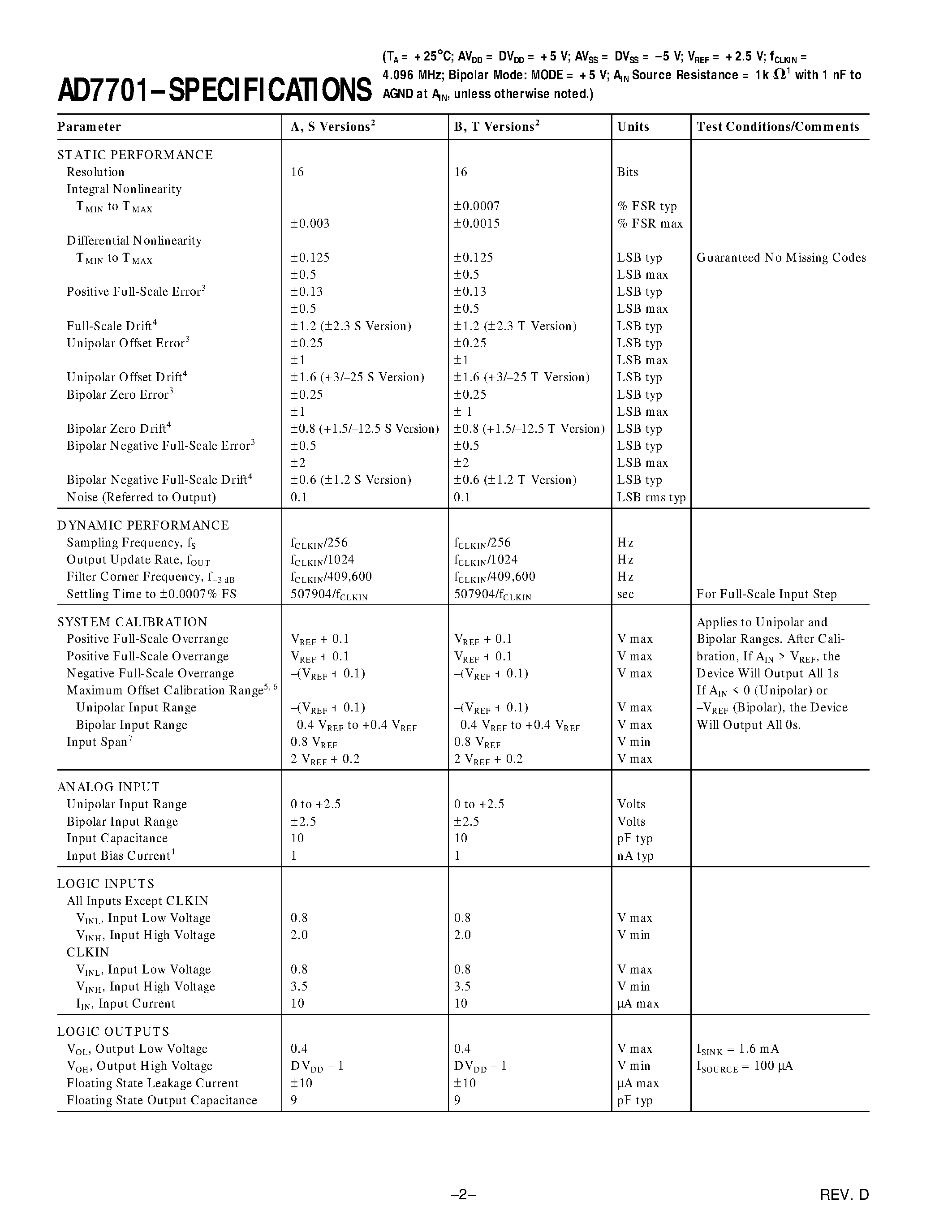 Даташит AD7701ARS - LC2MOS 16-Bit A/D Converter страница 2