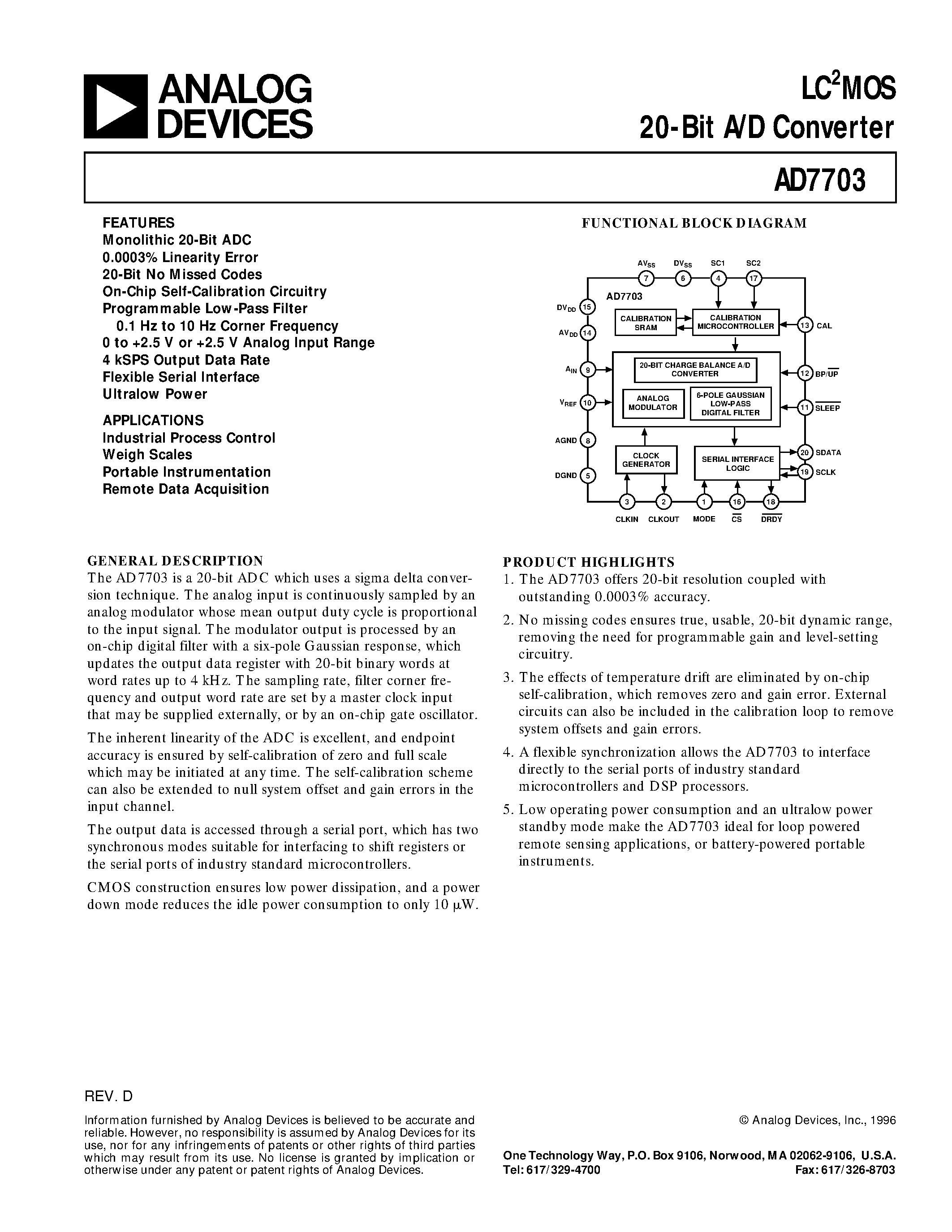Даташит AD7703BN - LC2MOS 20-Bit A/D Converter страница 1