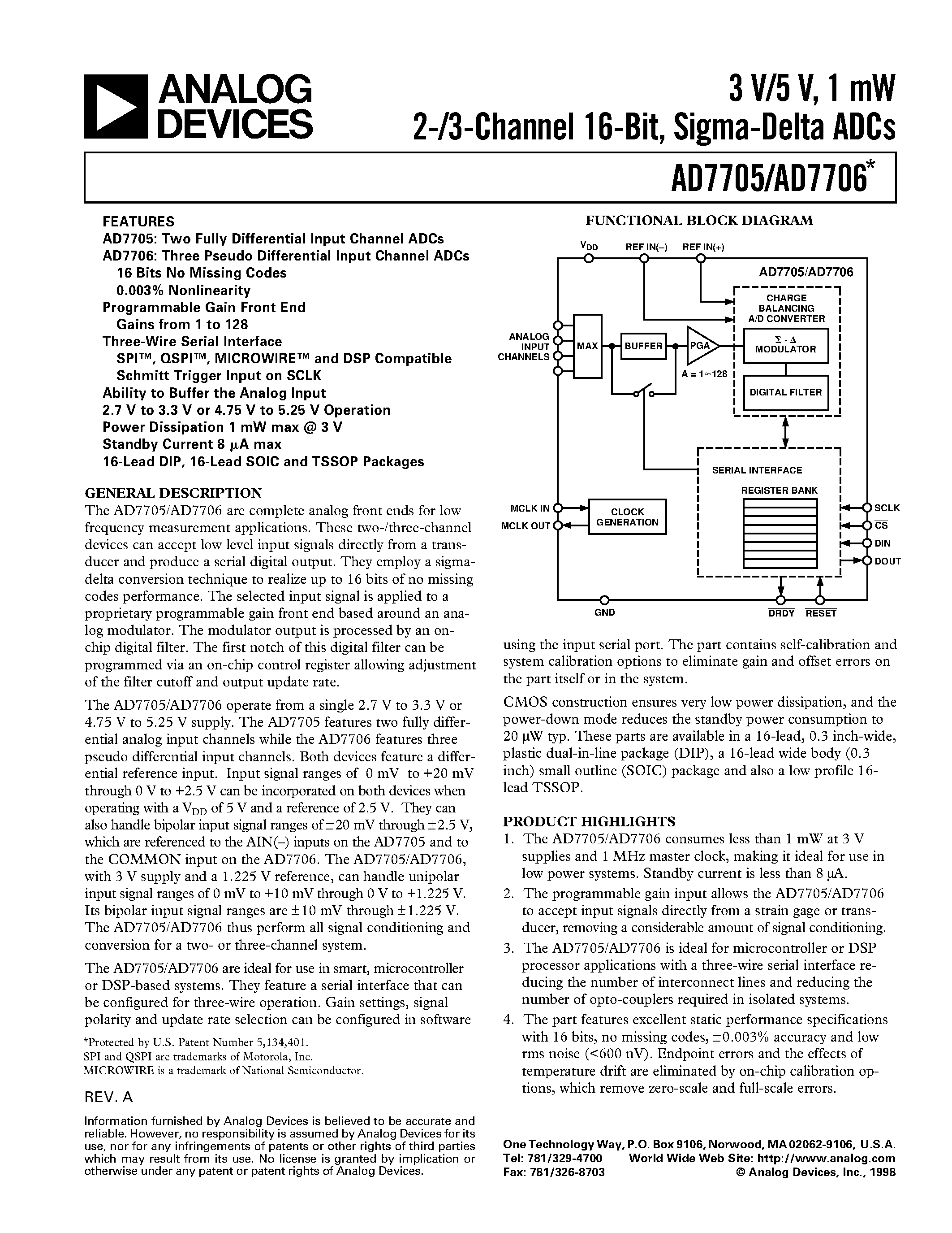 Datasheet AD7706BN - 3 V/5 V/ 1 mW 2-/3-Channel 16-Bit/ Sigma-Delta ADCs page 1
