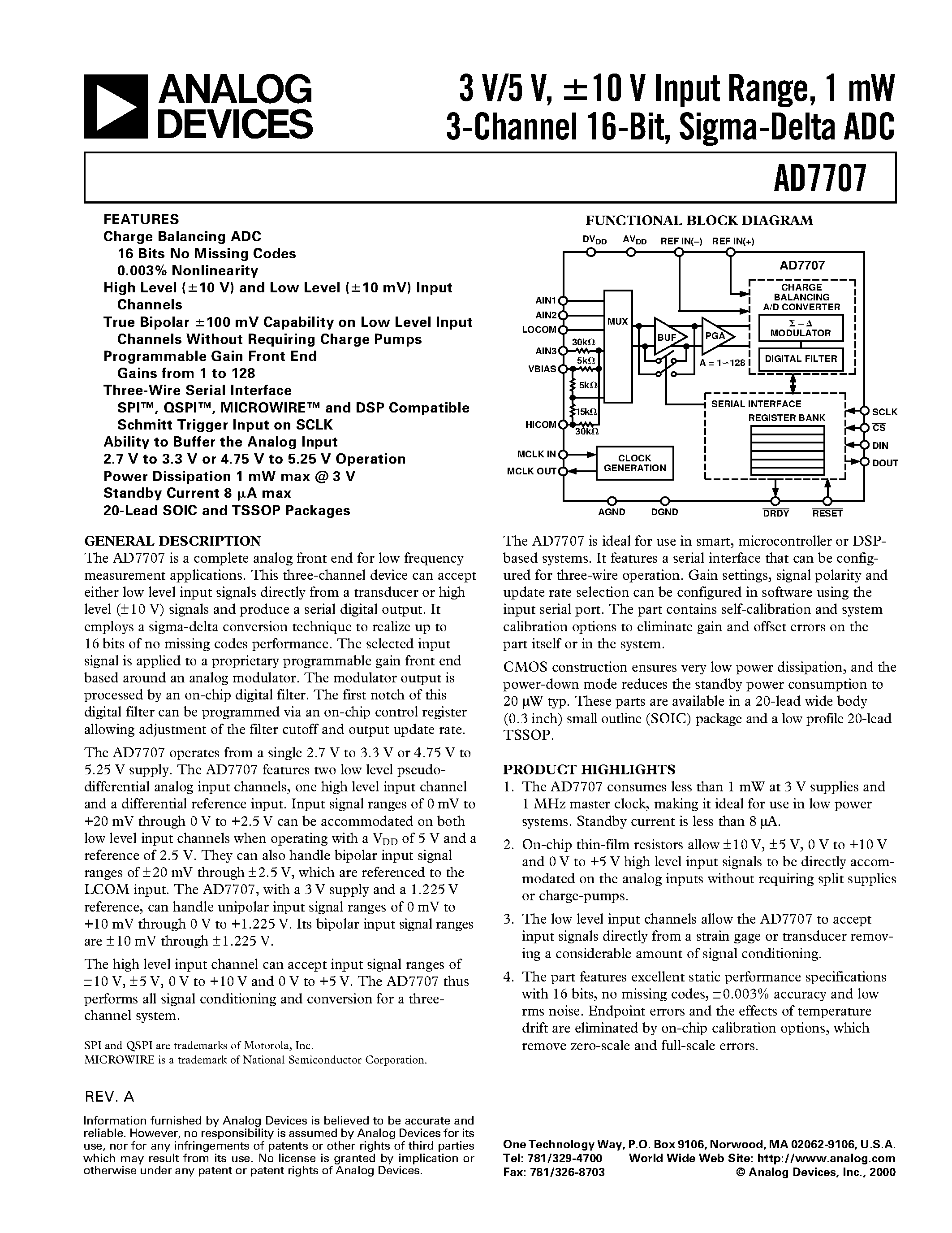 Даташит AD7707BRU - 3 V/5 V/ +-10 V Input Range/ 1 mW 3-Channel 16-Bit/ Sigma-Delta ADC страница 1