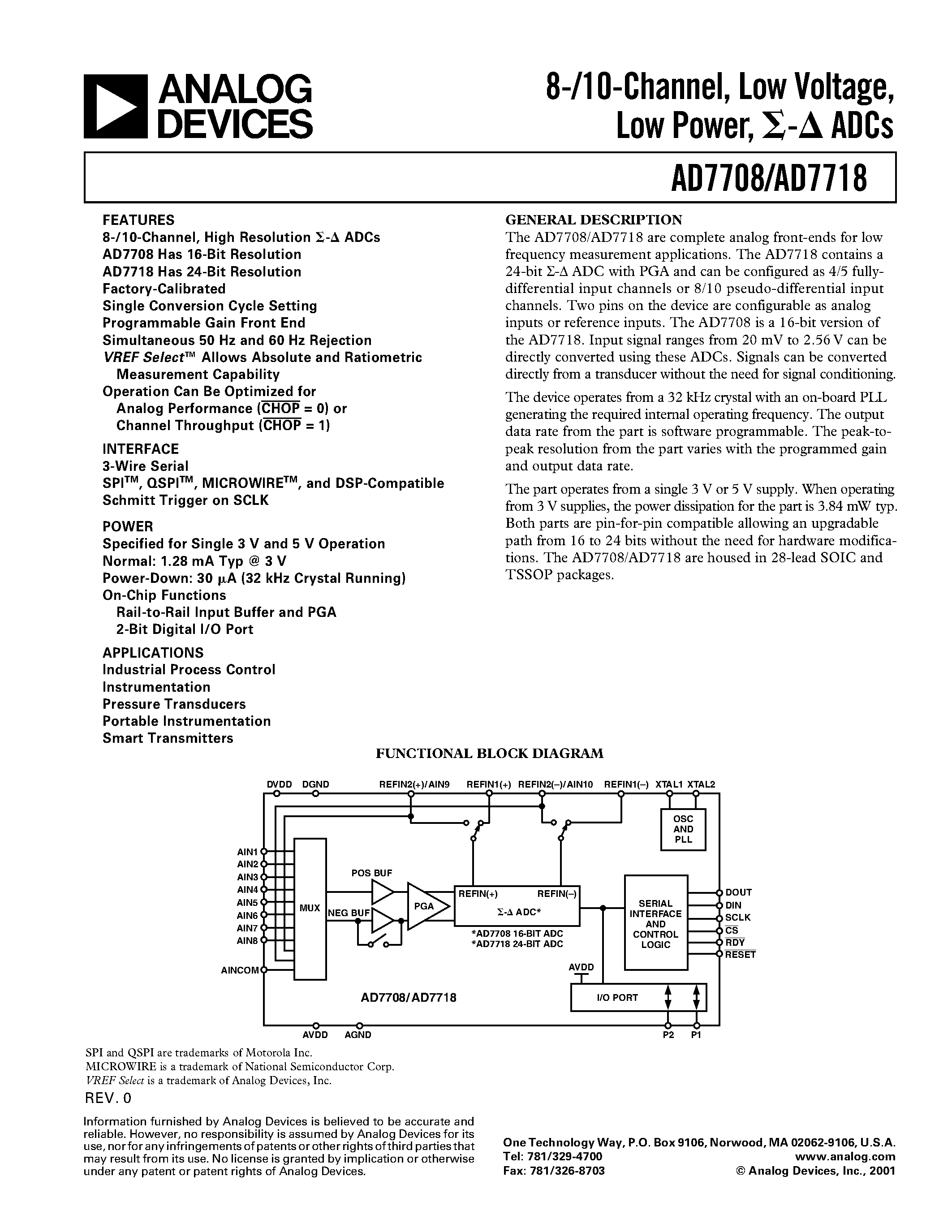 Datasheet AD7708 - 8-/10-Channel/ Low Voltage/ Low Power/ ADCs page 1
