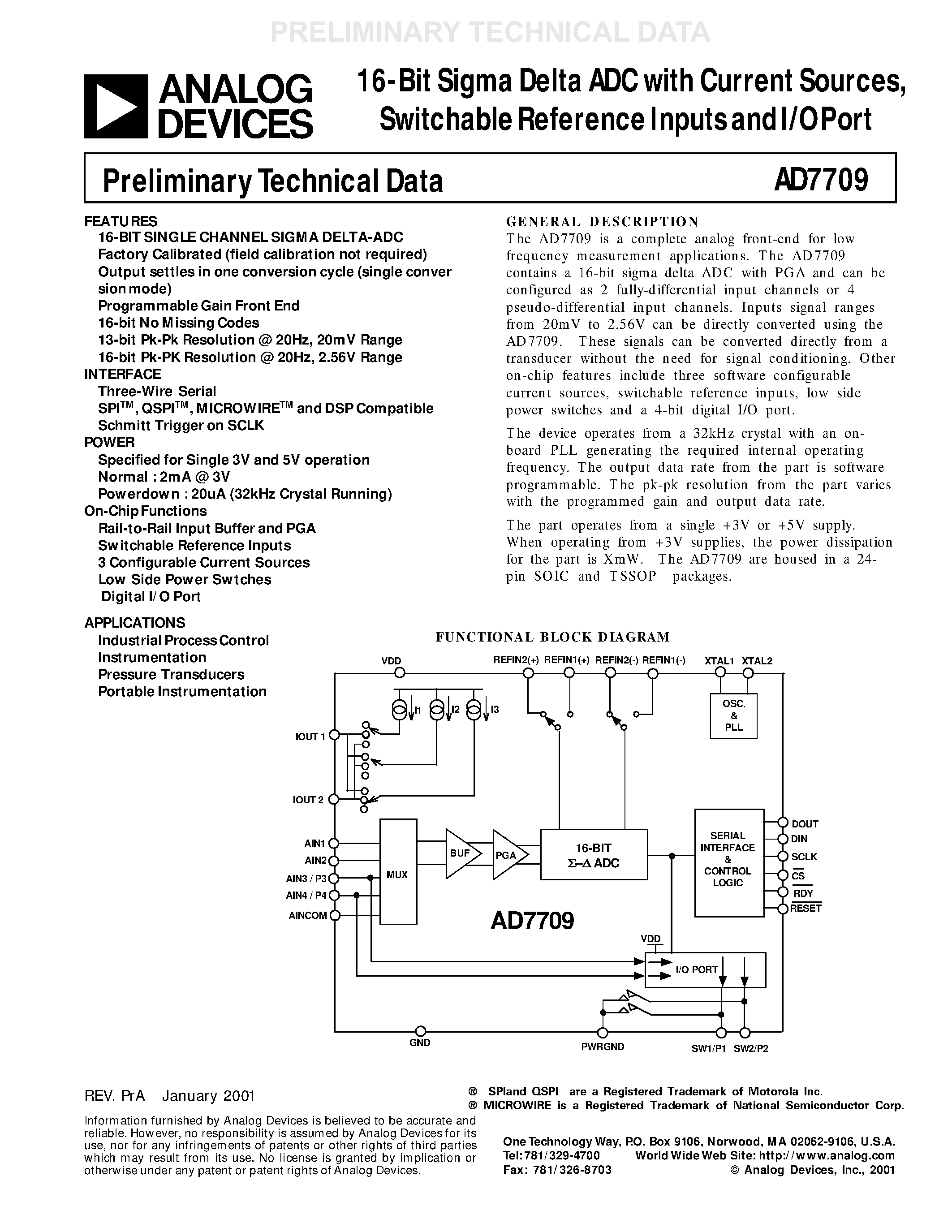 Datasheet AD7709BRU page 1 Datasheet AD7709BRU - 16-Bit Sigma Delta ADC with Current Sources/ Switchable Reference Inputs and I/O Port page 1