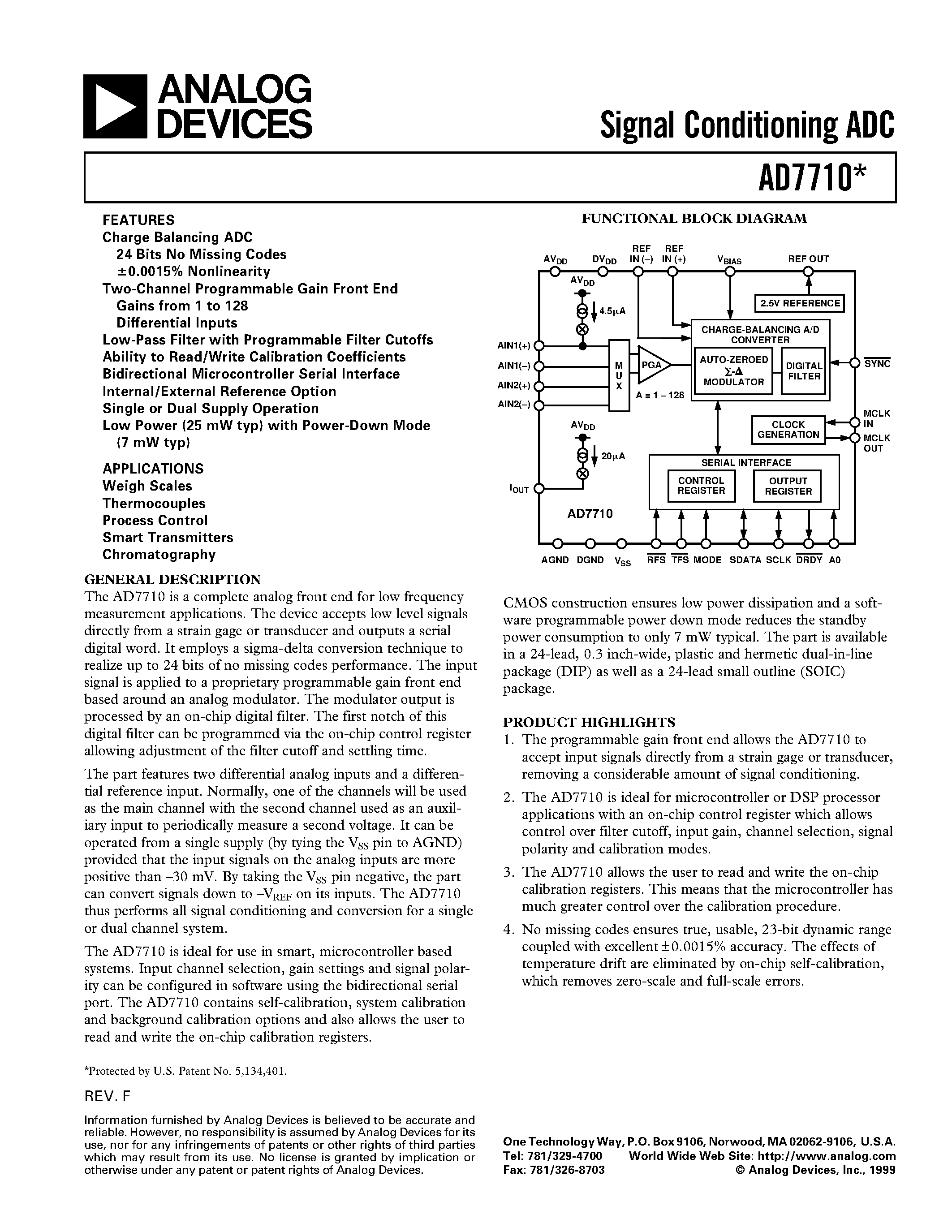 Datasheet AD7710AN - Signal Conditioning ADC page 1