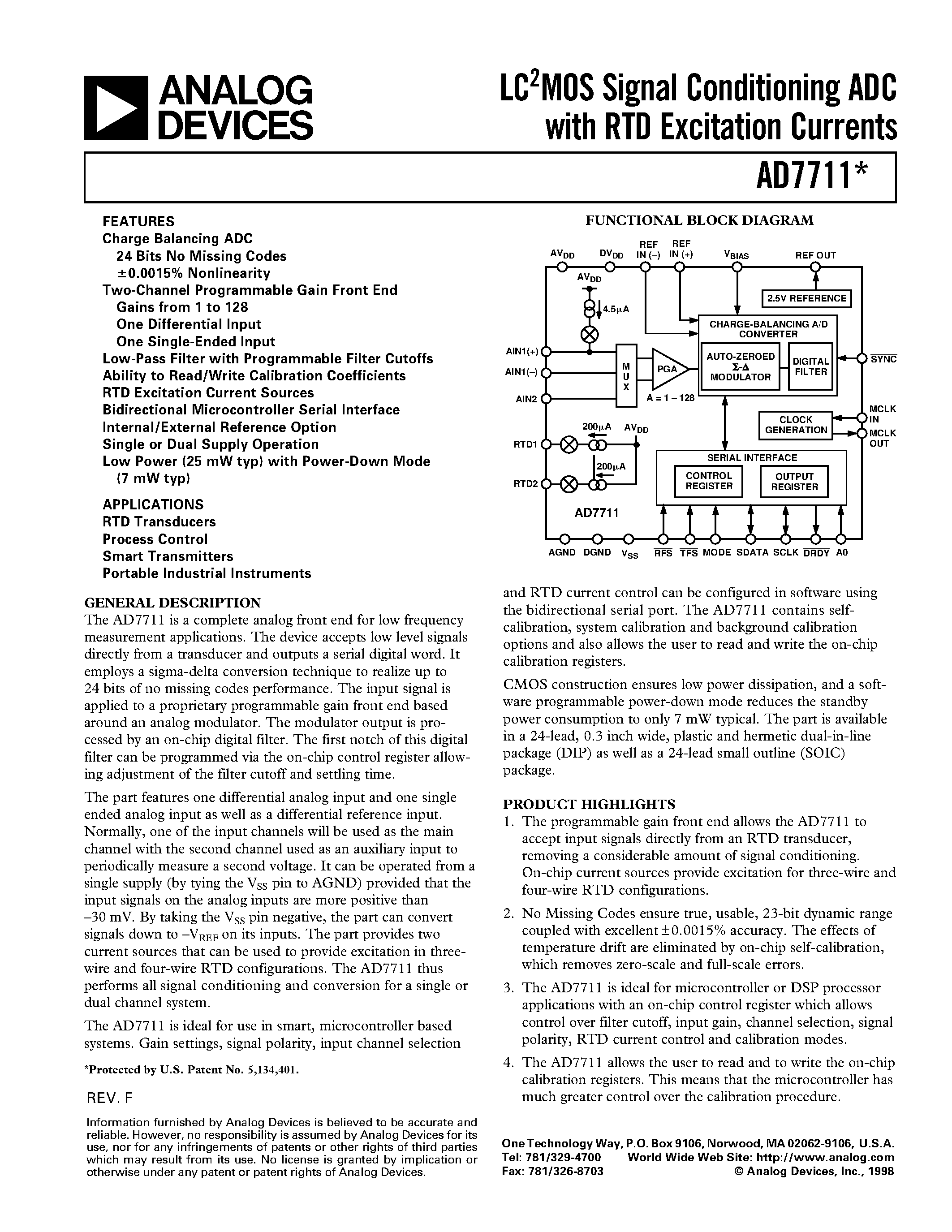 Даташит AD7711AAR - LC2MOS Signal Conditioning ADC with RTD Current Source страница 1