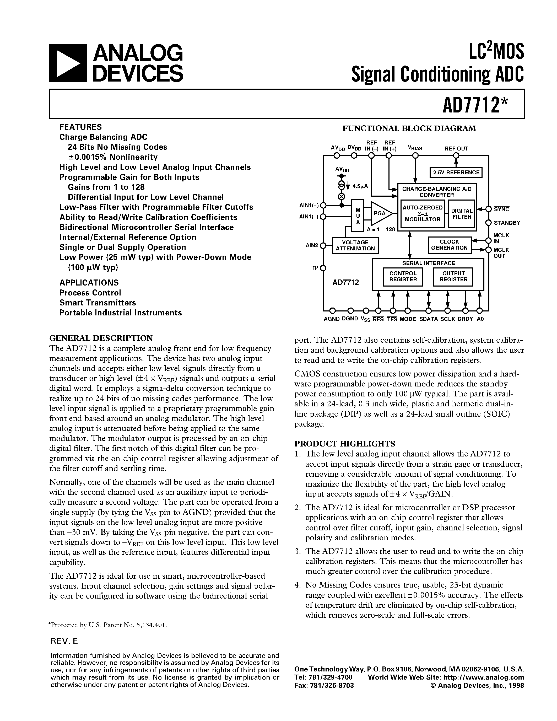 Даташит AD7712SQ - LC2MOS Signal Conditioning ADC страница 1