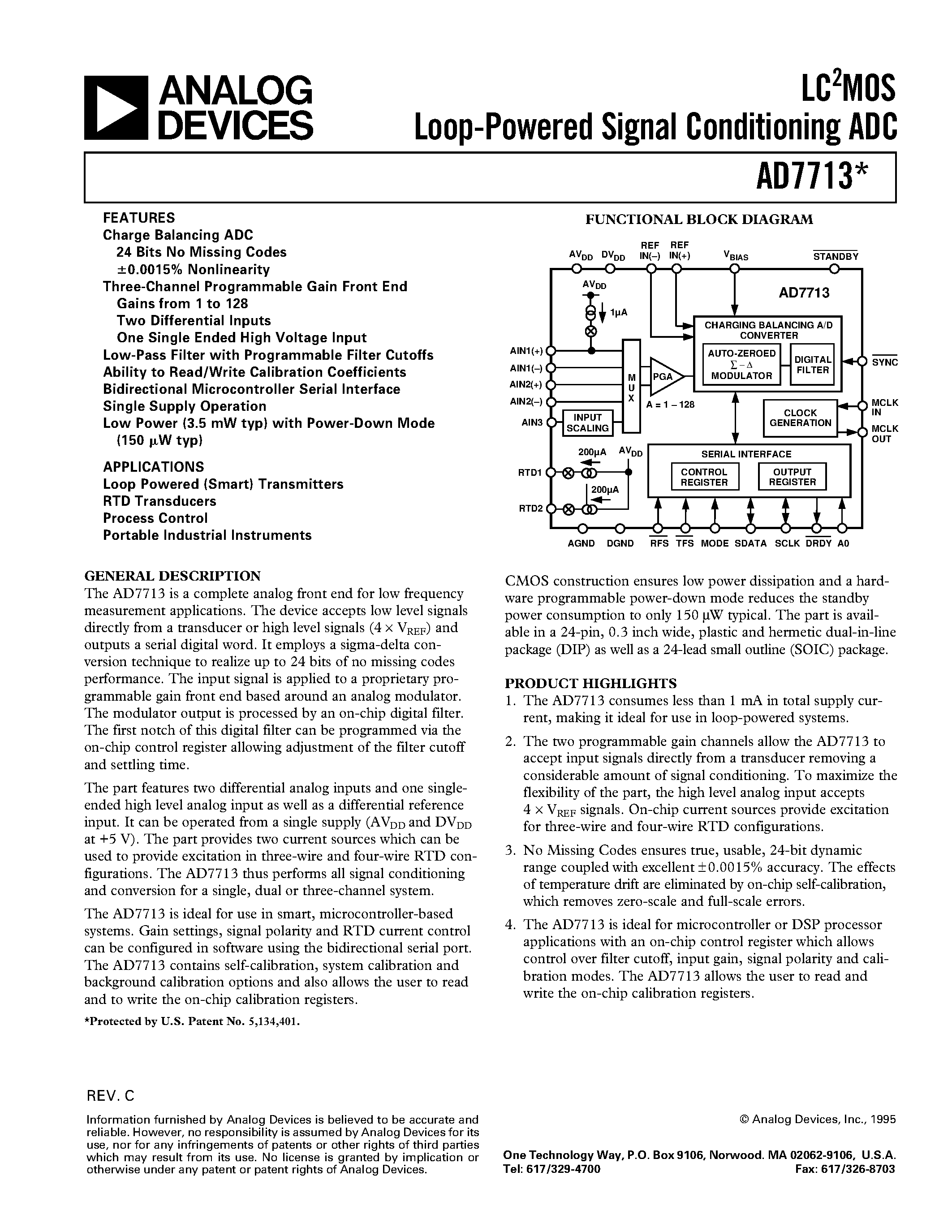 Даташит AD7713AR - LC2MOS Loop-Powered Signal Conditioning ADC страница 1