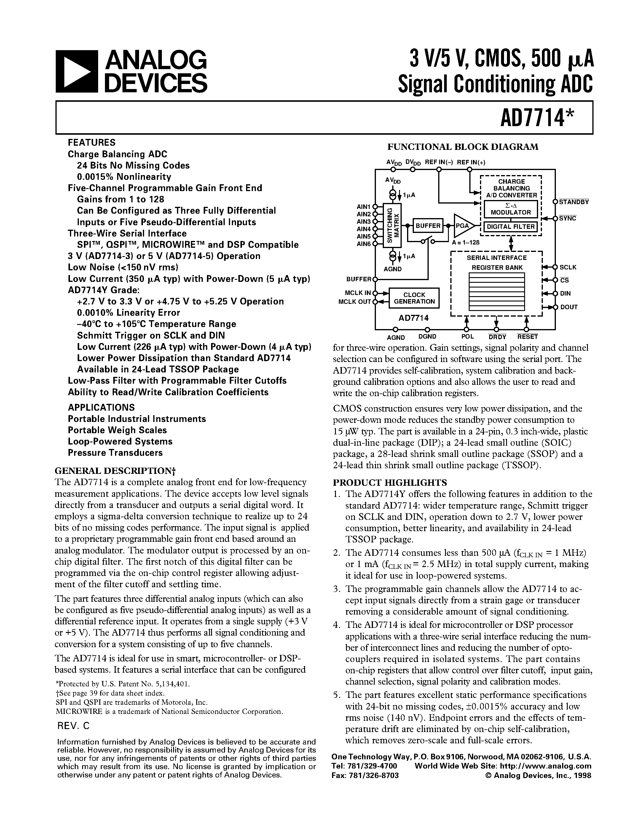 Даташит AD7714AN-5 - 3 V/5 V/ CMOS/ 500 uA Signal Conditioning ADC страница 1
