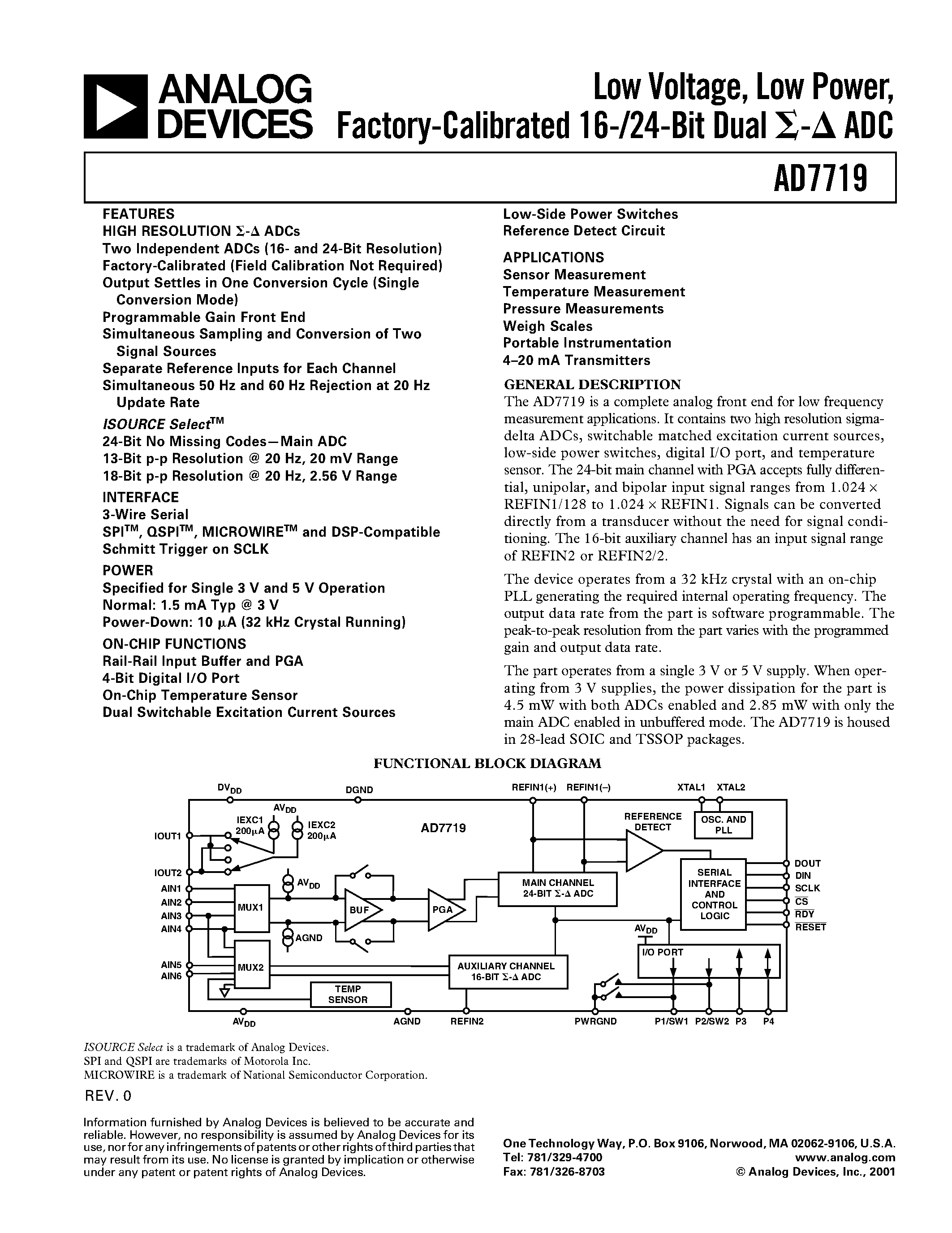 Datasheet AD7719BRU - Low Voltage/ Low Power/ Factory-Calibrated 16-/24-Bit Dual ADC page 1