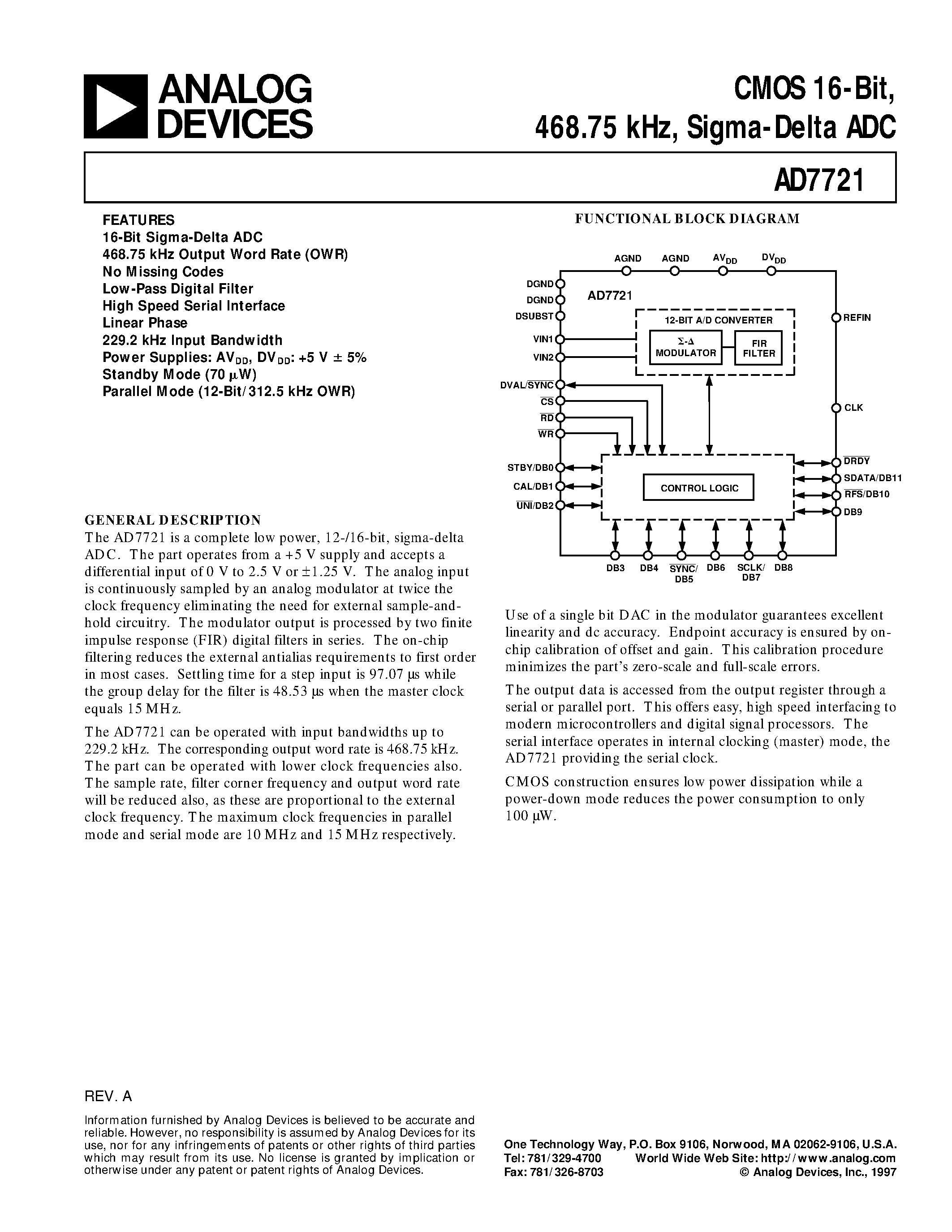 Datasheet AD7721AR - CMOS 16-Bit/ 468.75 kHz/ Sigma-Delta ADC page 1