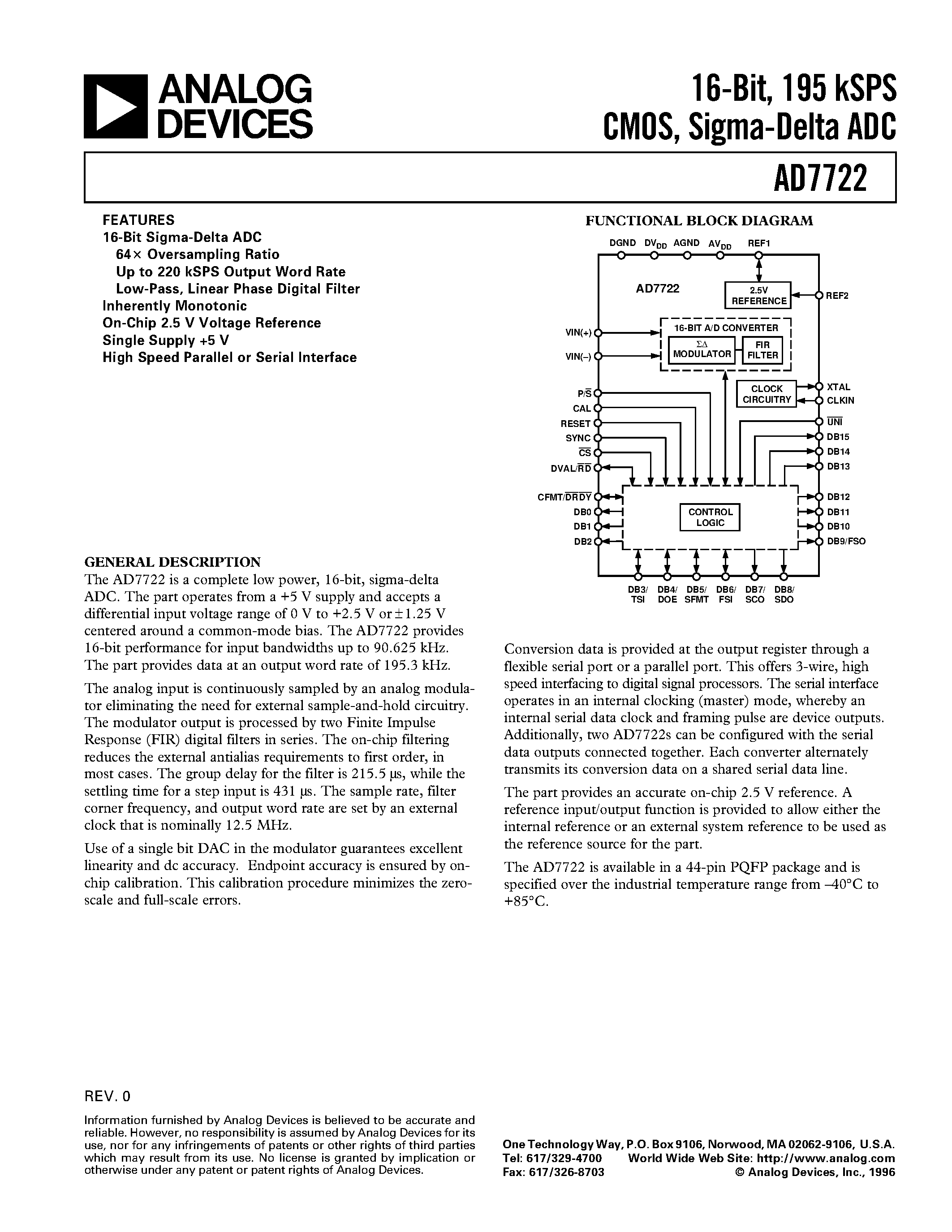 Datasheet AD7722AS - 16-Bit/ 195 kSPS CMOS/ Sigma-Delta ADC page 1