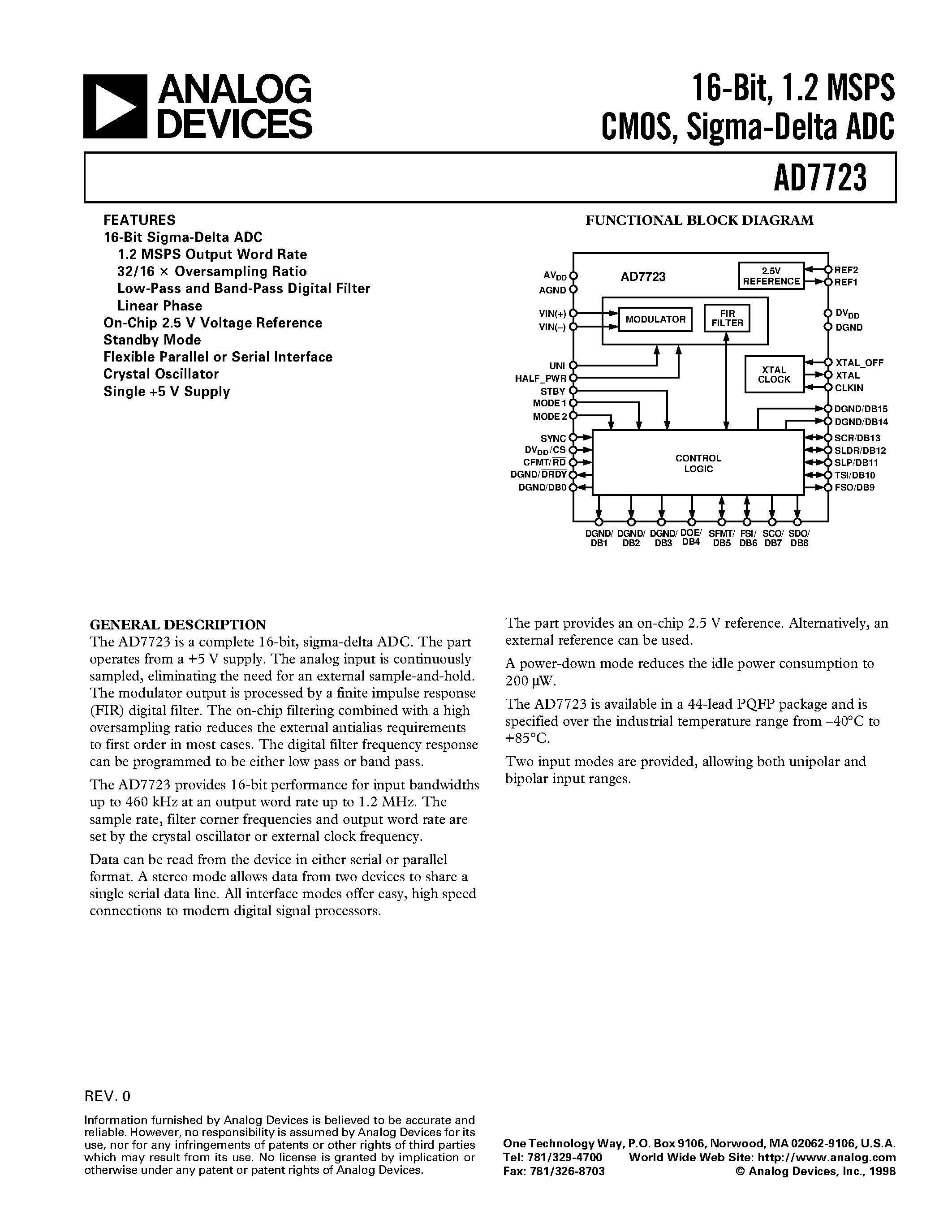 Datasheet AD7723 - 16-Bit/ 1.2 MSPS CMOS/ Sigma-Delta ADC page 1