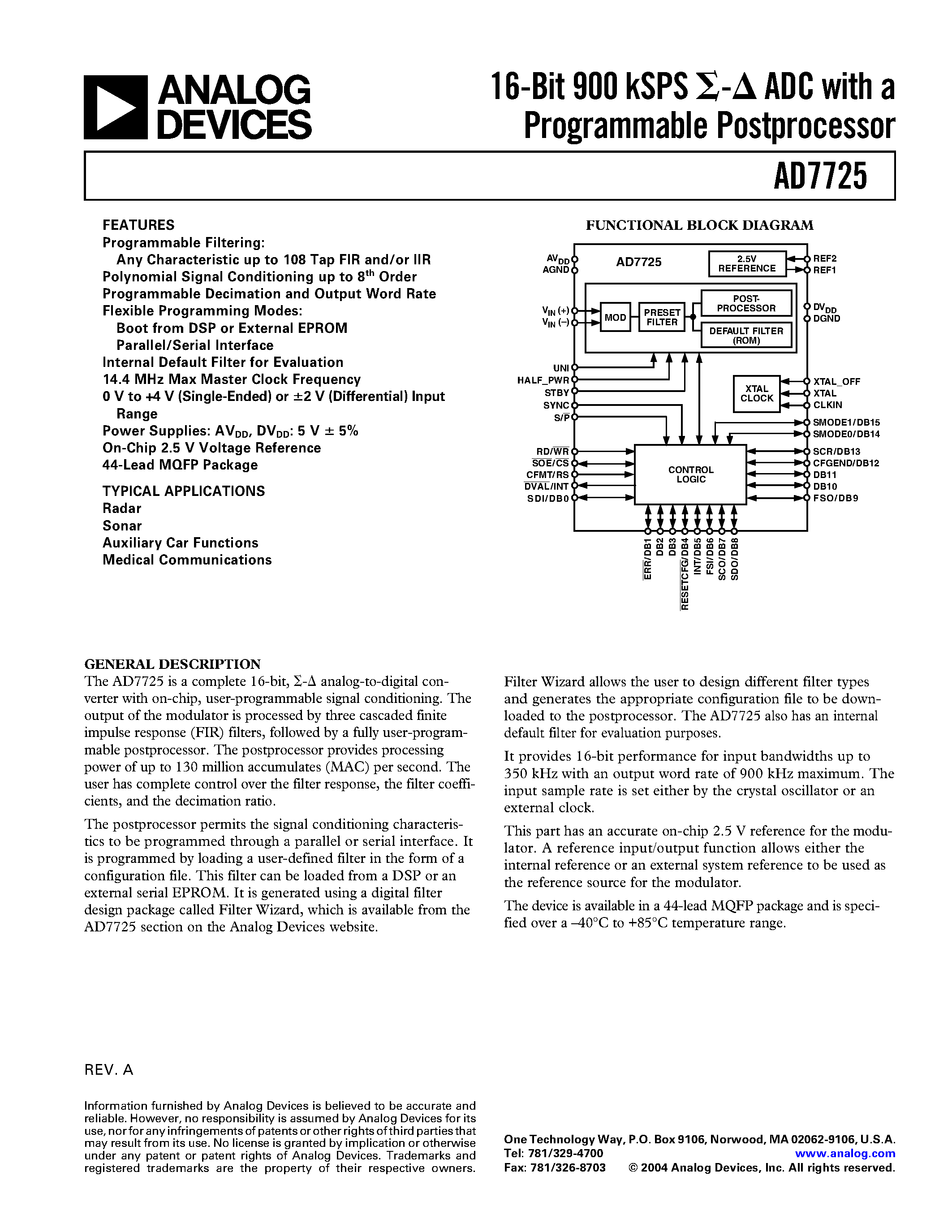Datasheet AD7725BS page 1 Datasheet AD7725BS - 16-Bit 900 kSPS ADC with a Programmable Postprocessor page 1