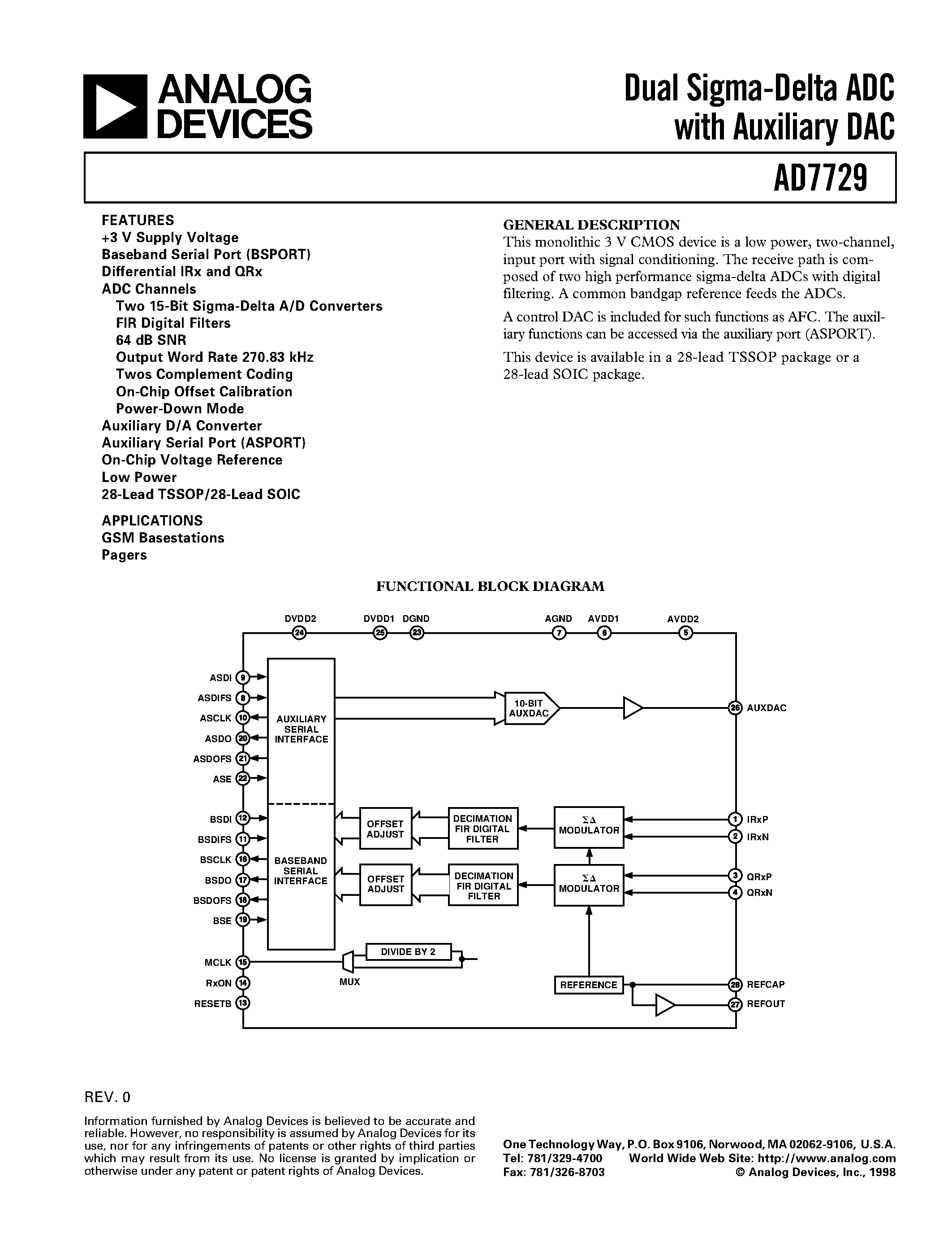Datasheet AD7729ARU page 1 Datasheet AD7729ARU - Dual Sigma-Delta ADC with Auxiliary DAC page 1