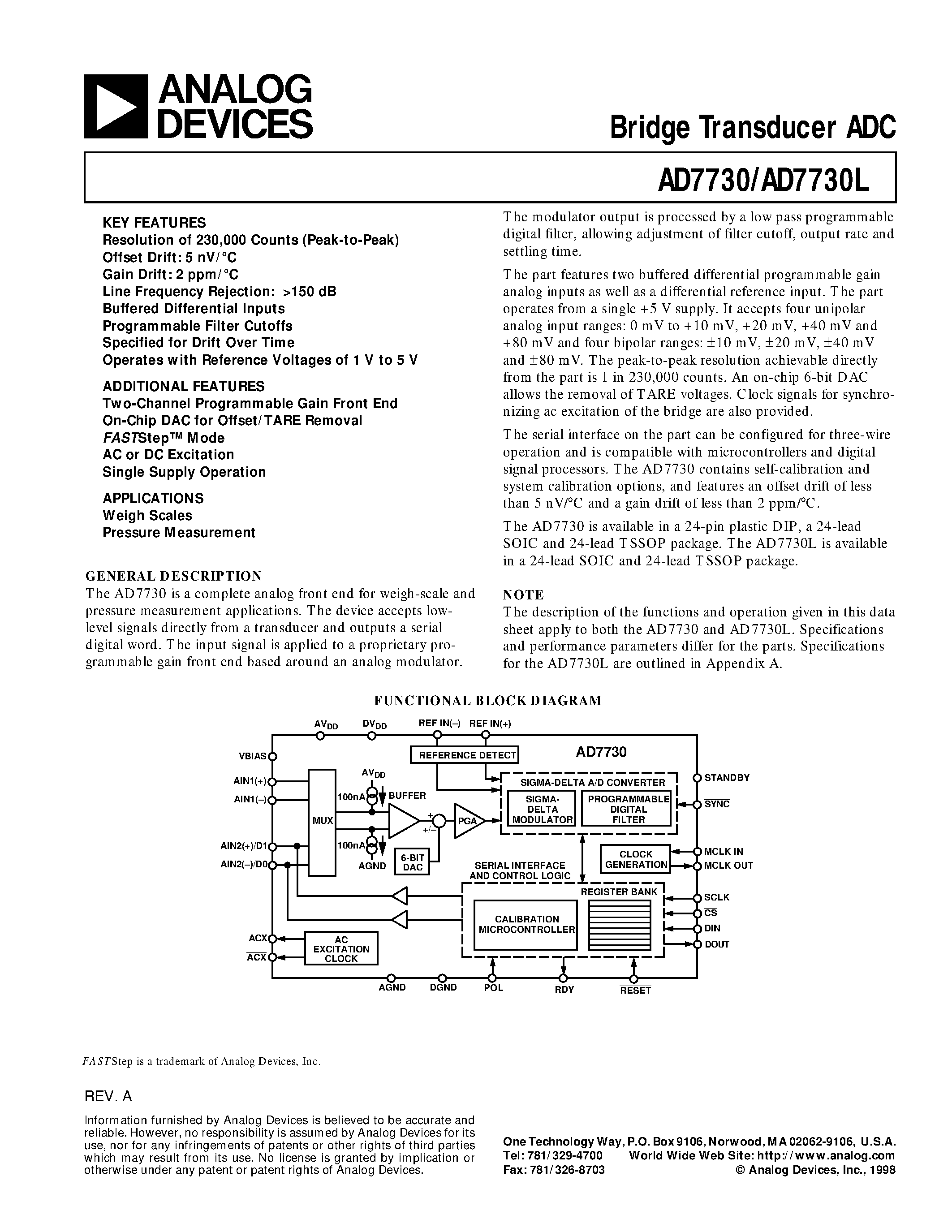 Datasheet AD7730LBR page 1 Datasheet AD7730LBR - Bridge Transducer ADC page 1