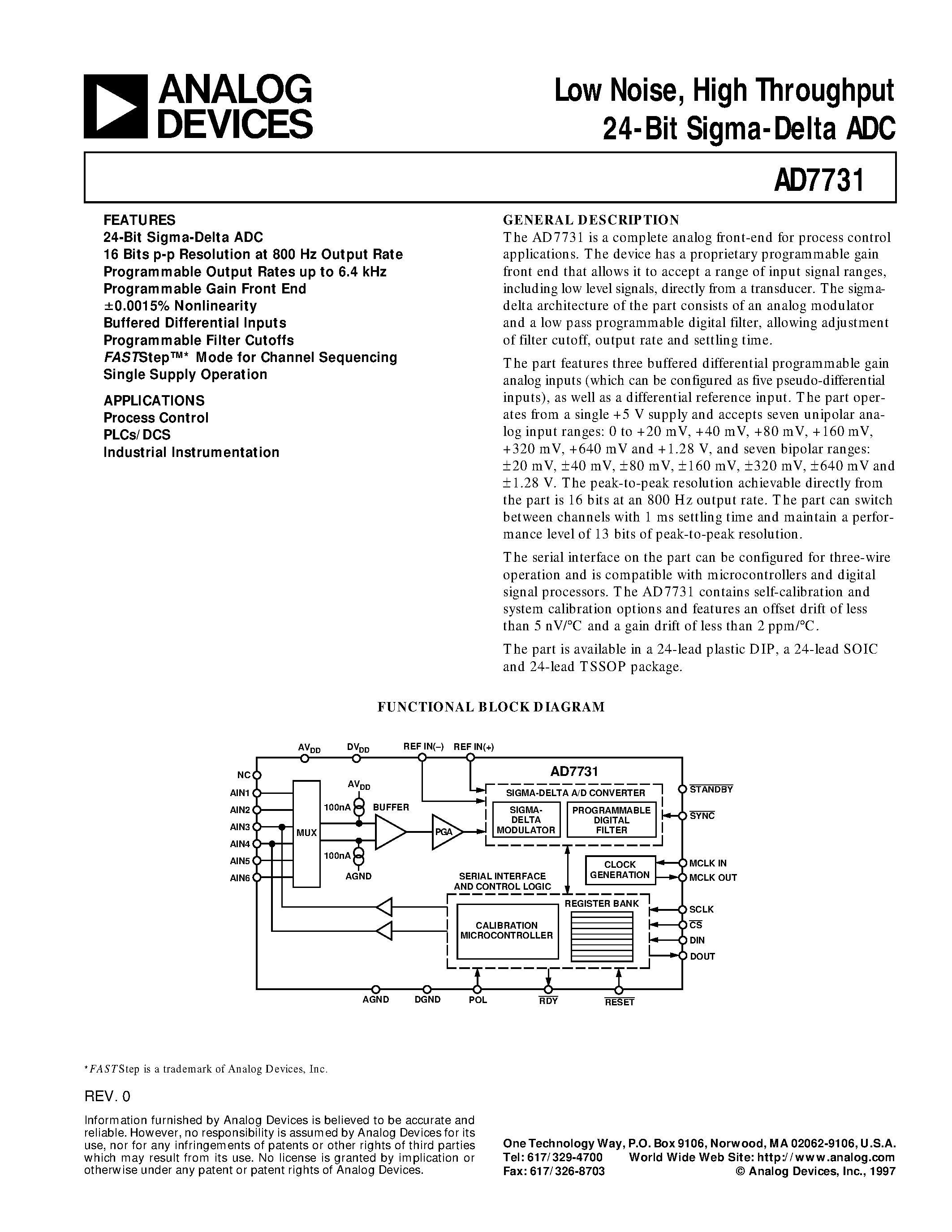 Datasheet AD7731BRU - Low Noise/ High Throughput 24-Bit Sigma-Delta ADC page 1