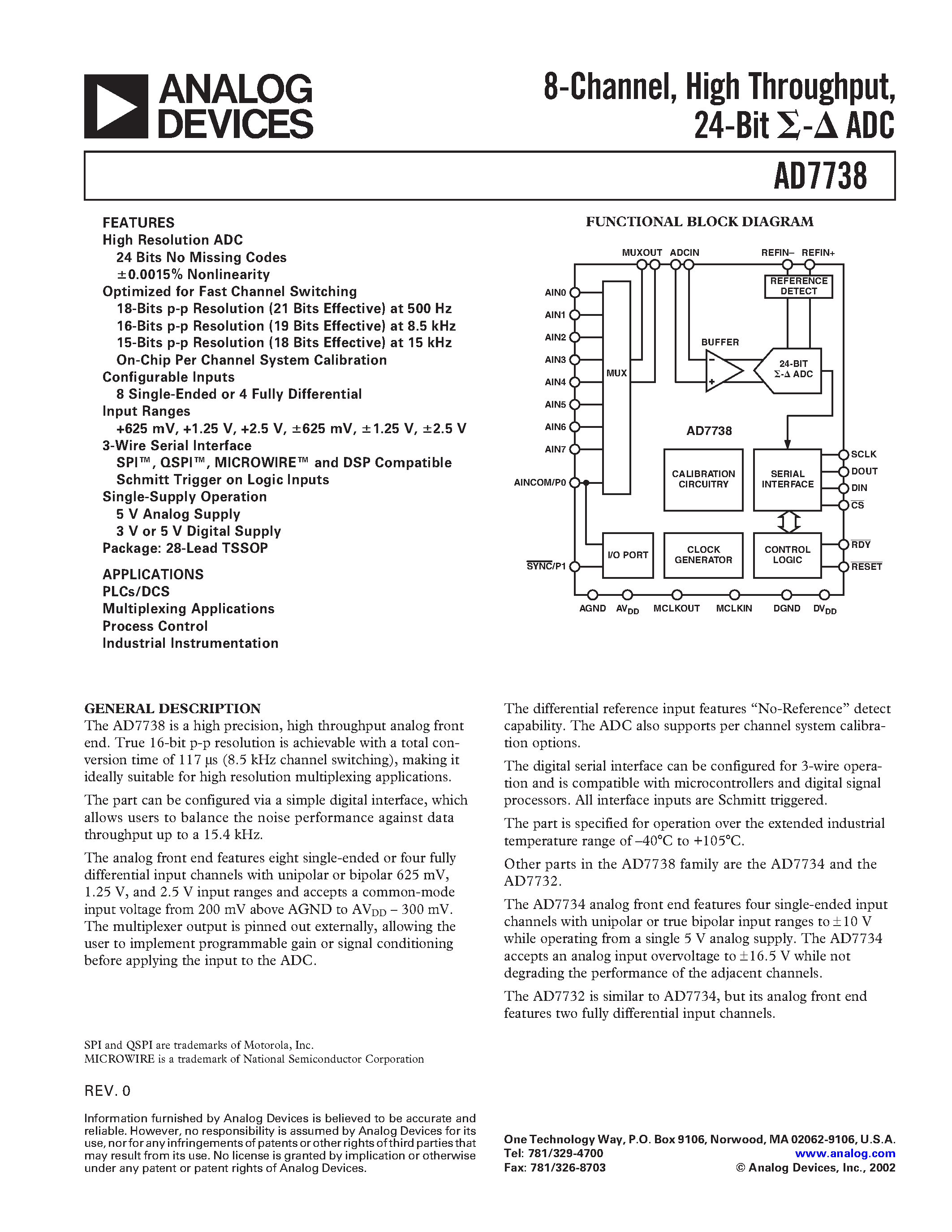 Datasheet AD7738 - 8-Channel/ High Throughput/ page 1