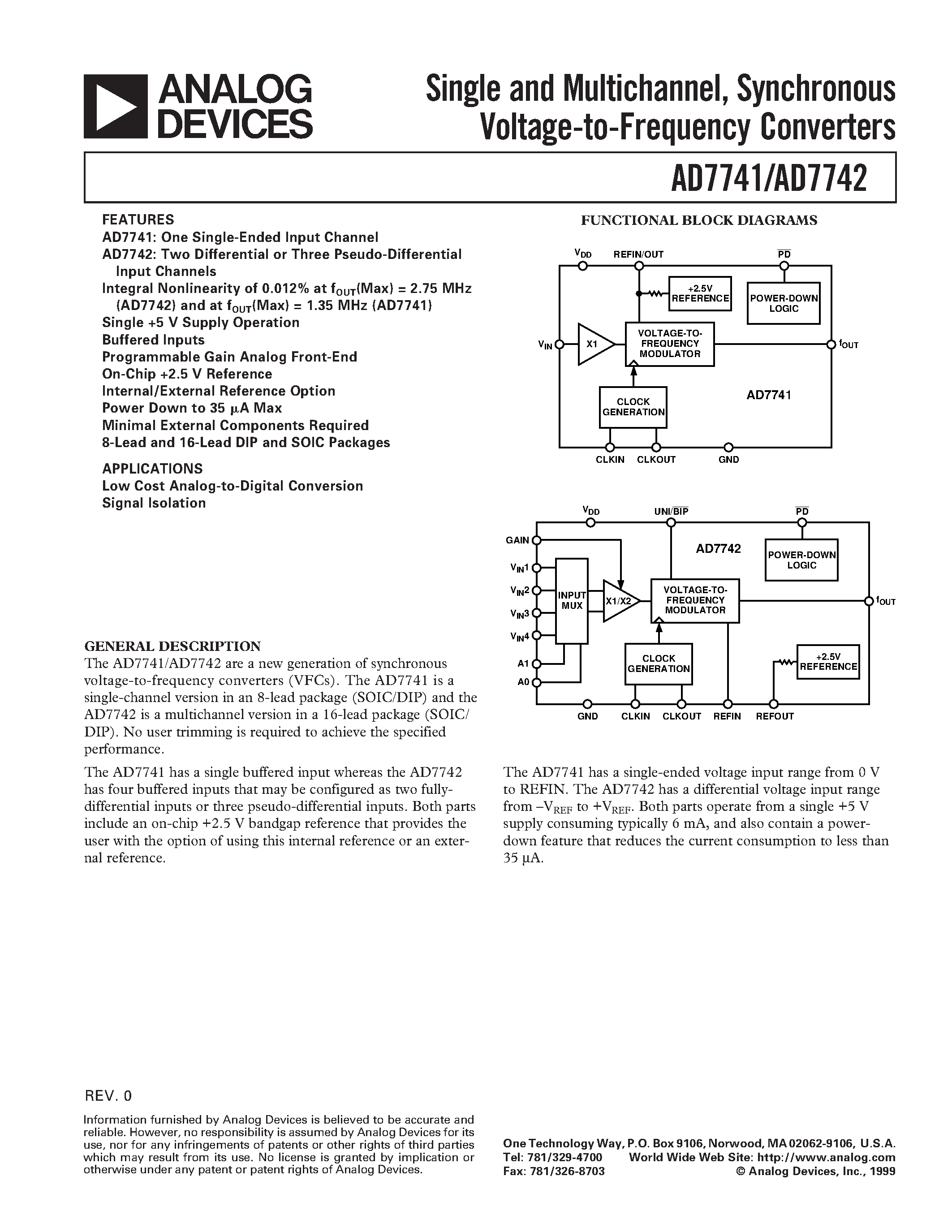 Datasheet AD7741YR - Single and Multichannel/ Synchronous Voltage-to-Frequency Converters page 1