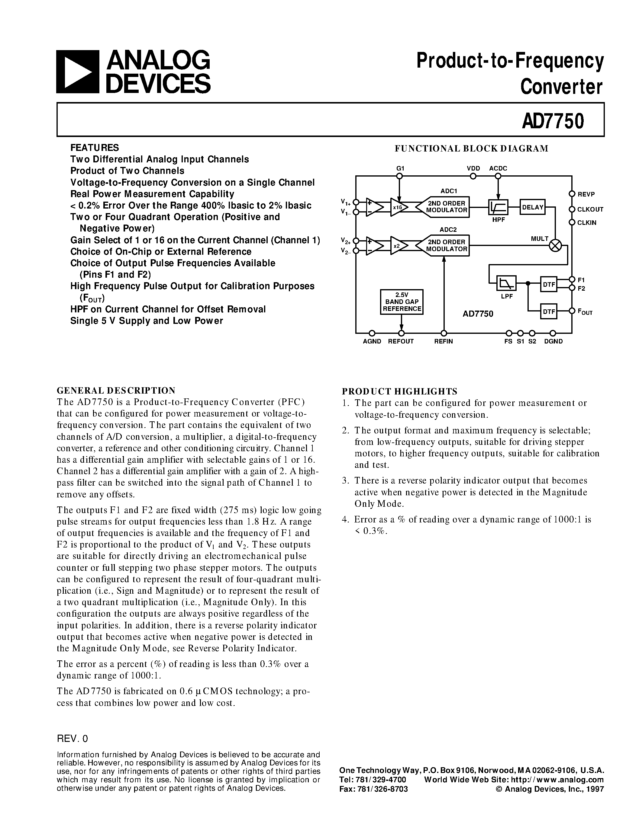 Datasheet AD7750AR - Product-to-Frequency Converter page 1
