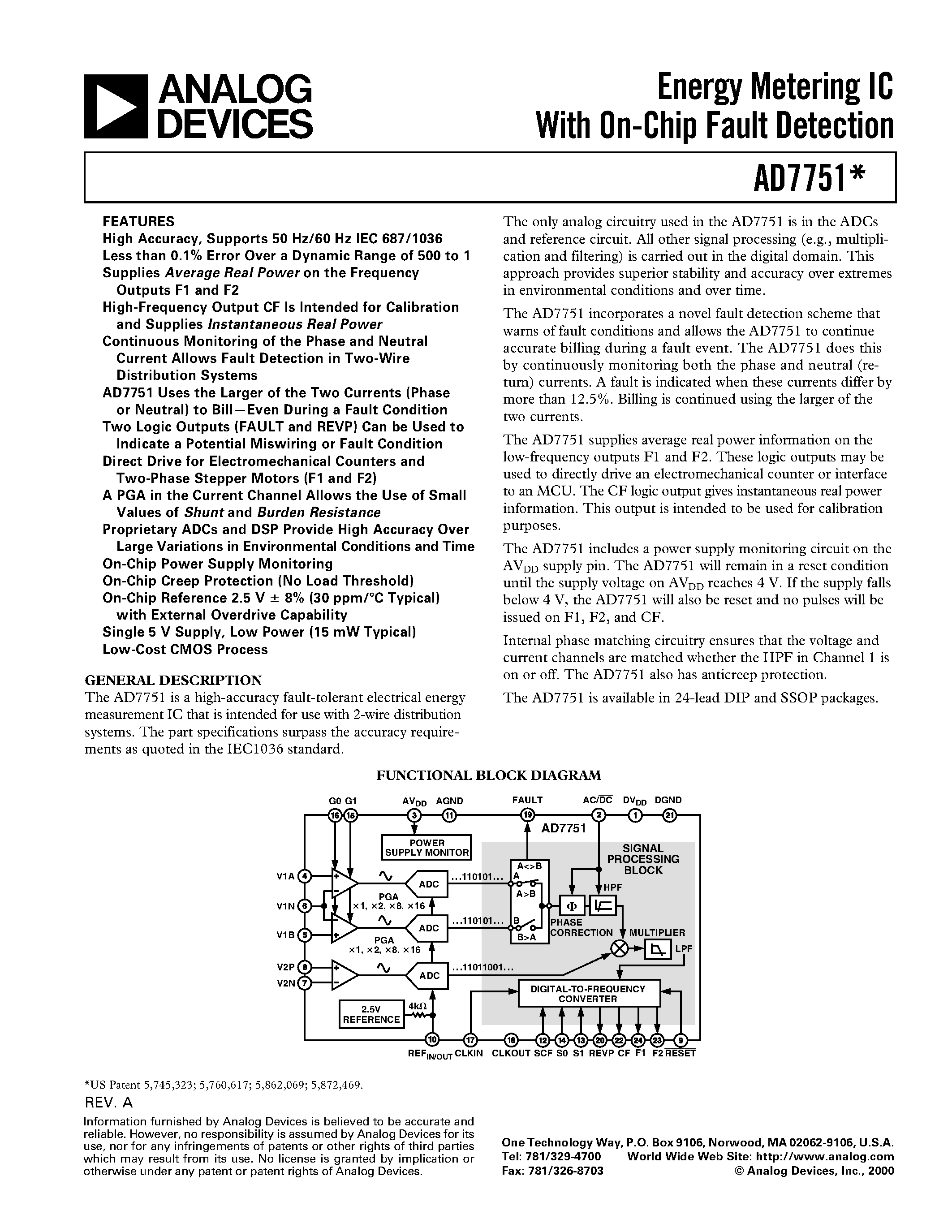 Datasheet AD7751AAN-REF - Energy Metering IC With On-Chip Fault Detection page 1