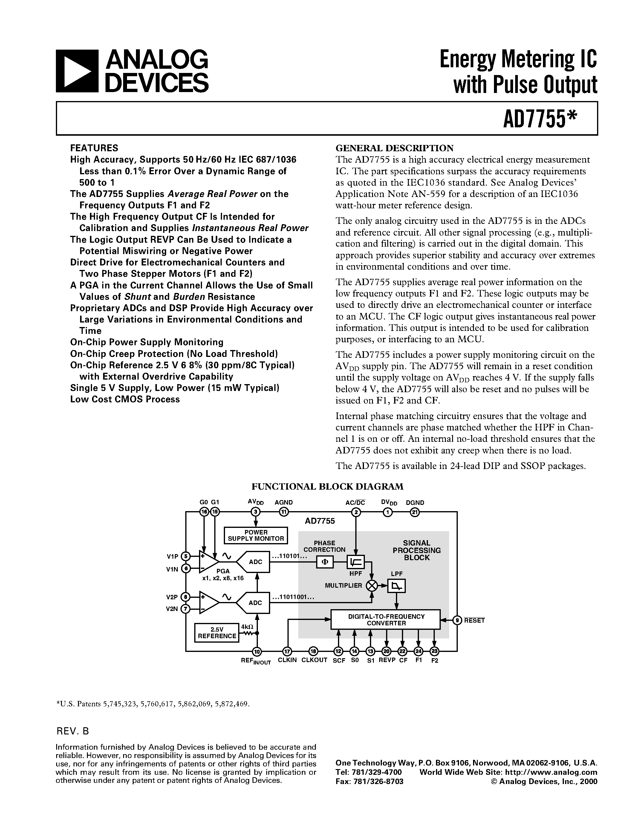 Datasheet AD7755AAN-REF - Energy Metering IC with Pulse Output page 1