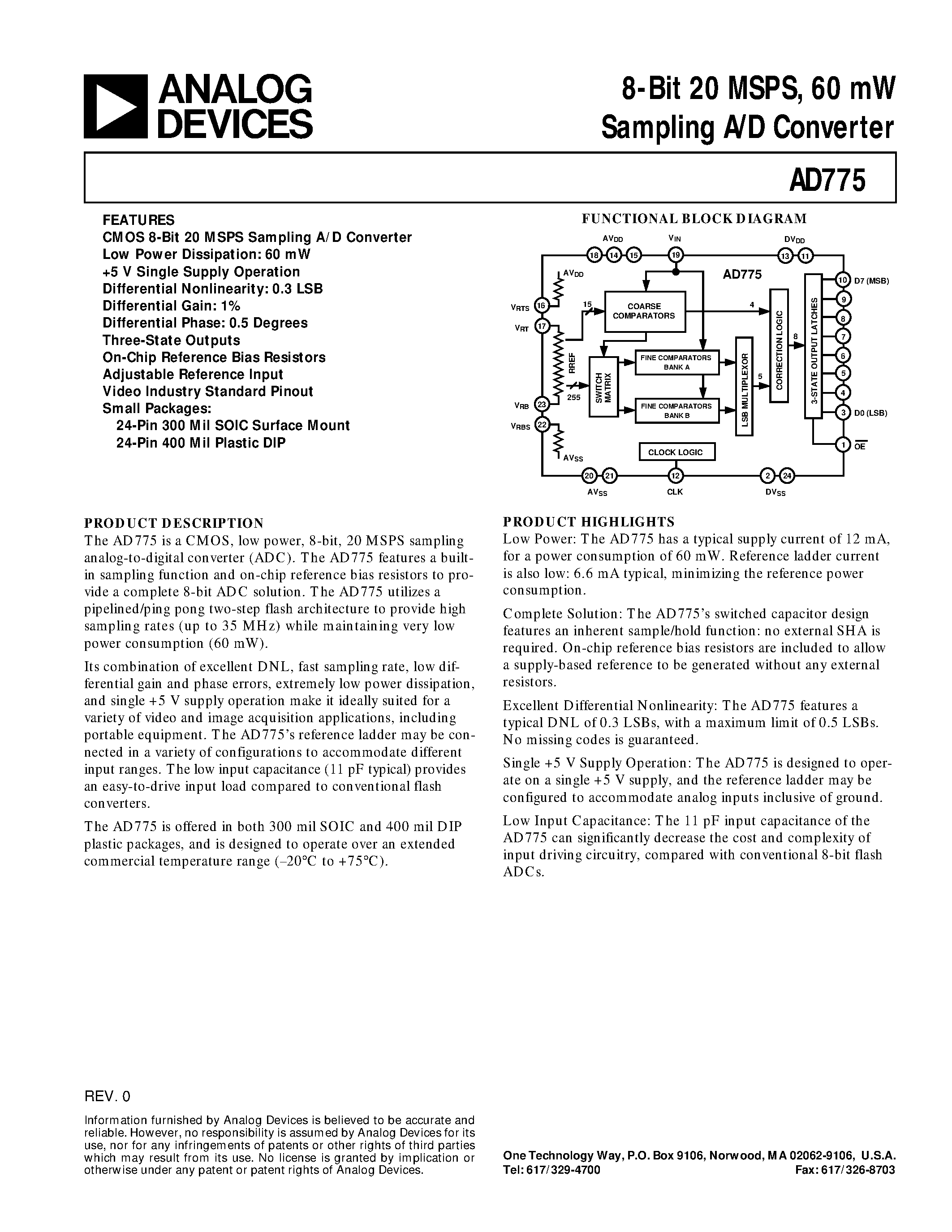 Datasheet AD775JR page 1 Datasheet AD775JR - 8-Bit 20 MSPS/ 60 mW Sampling A/D Converter page 1