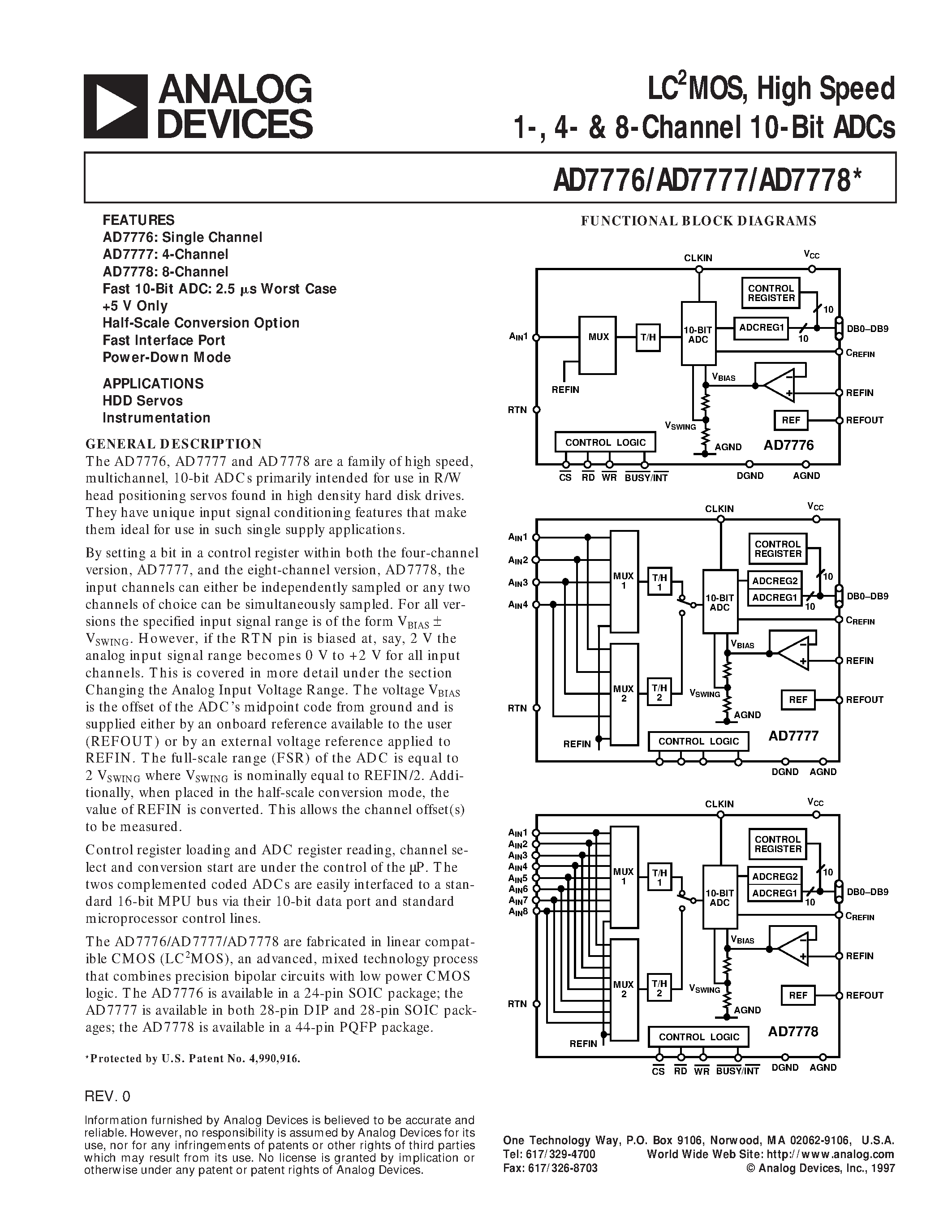Даташит AD7777AR - LC2MOS/ High Speed 1-/ 4- & 8-Channel 10-Bit ADCs страница 1