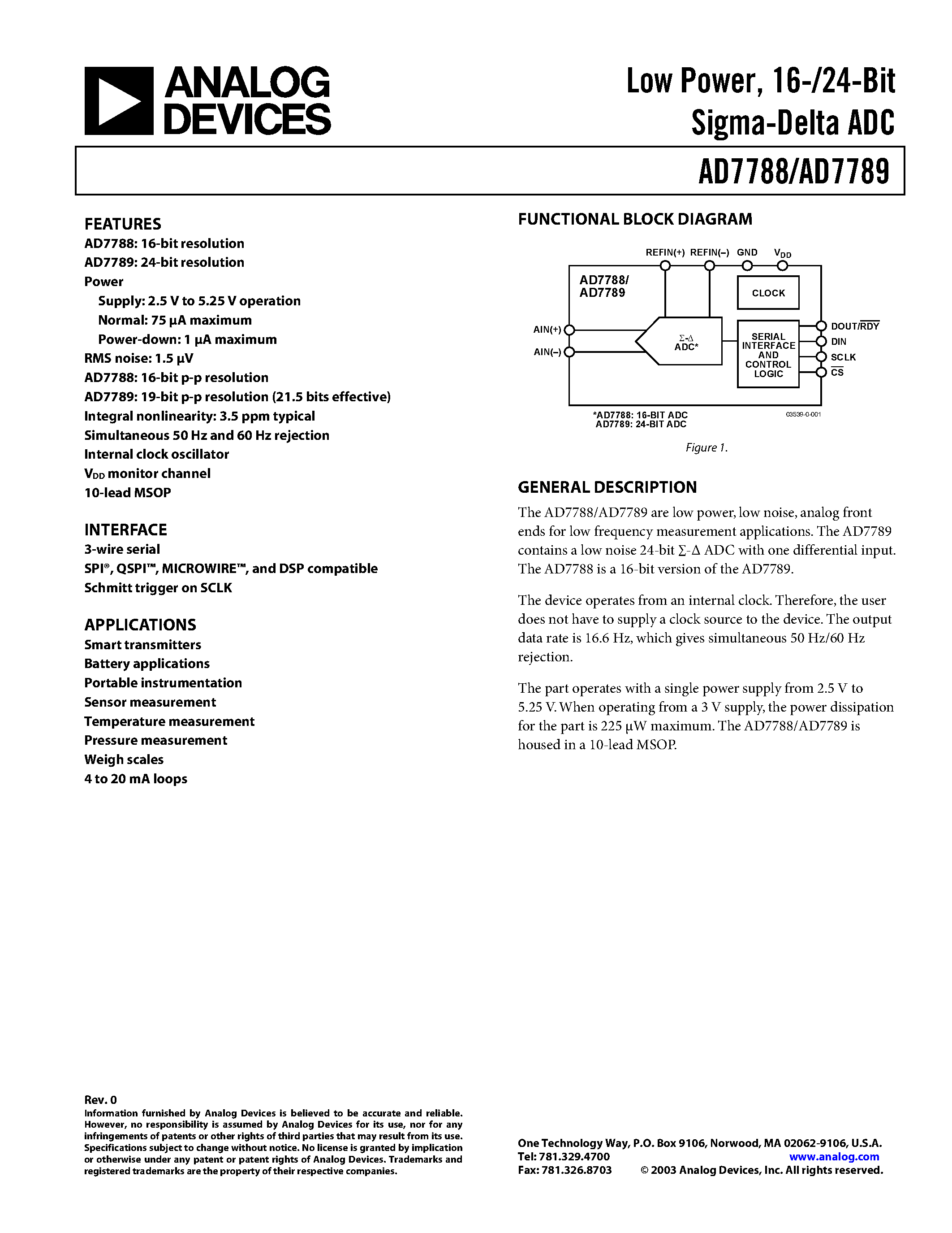 Datasheet AD7788ARM-REEL - Low Power/ 16-/24-Bit Sigma-Delta ADC page 1