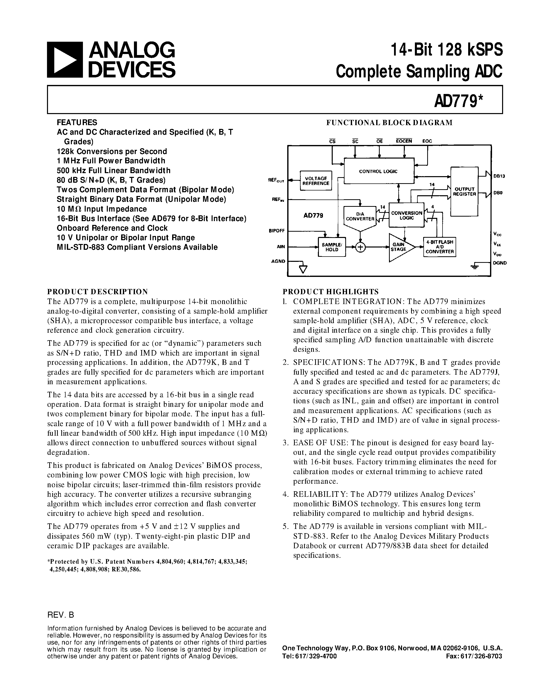 Datasheet AD779JD - 14-Bit 128 kSPS Complete Sampling ADC page 1
