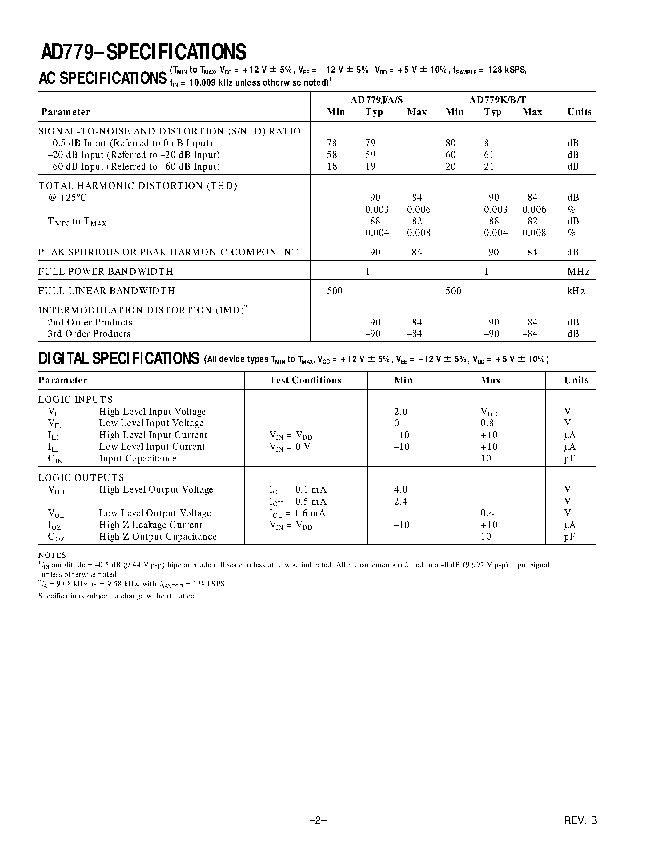 Datasheet AD779SD - 14-Bit 128 kSPS Complete Sampling ADC page 2
