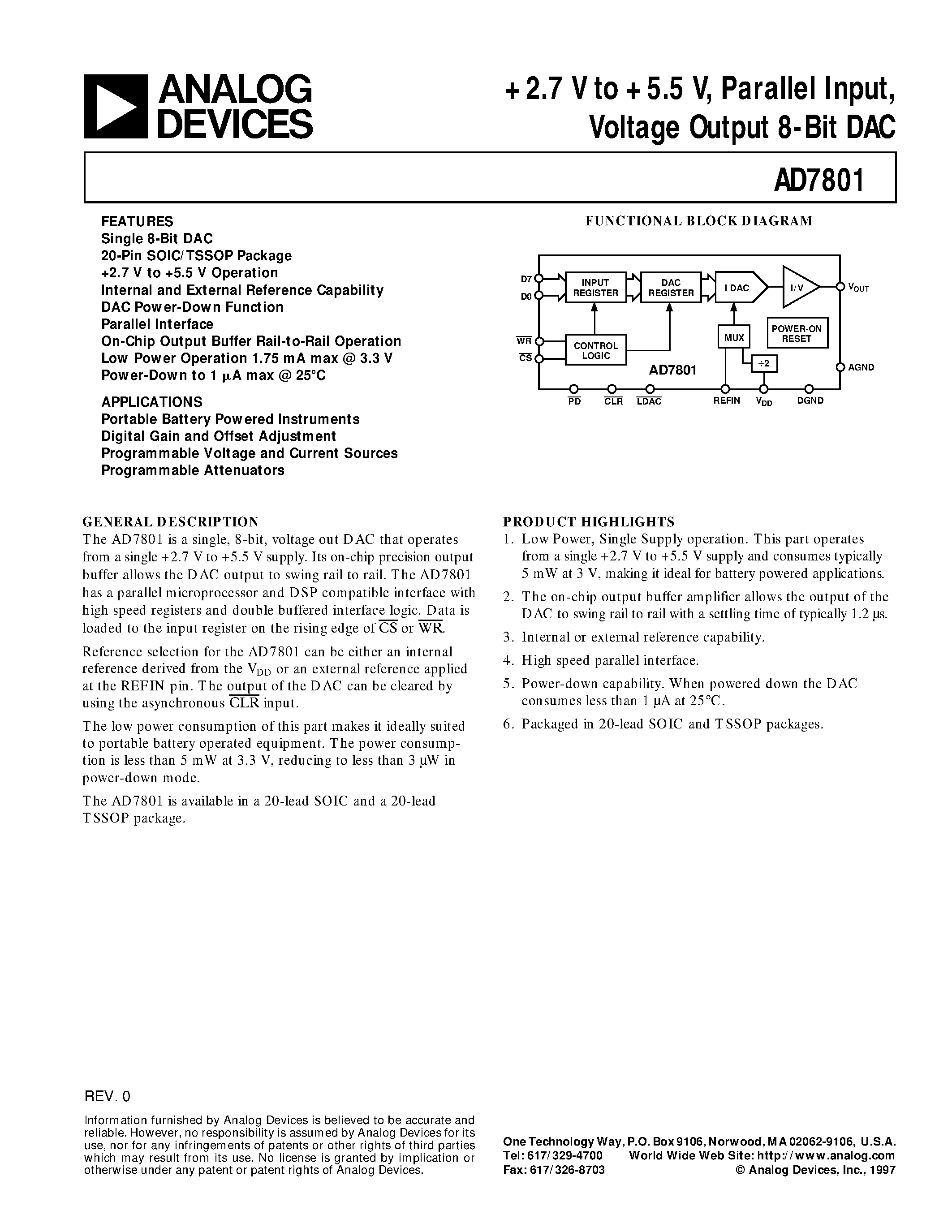 Datasheet AD7801BRU - +2.7 V to +5.5 V/ Parallel Input/ Voltage Output 8-Bit DAC page 1