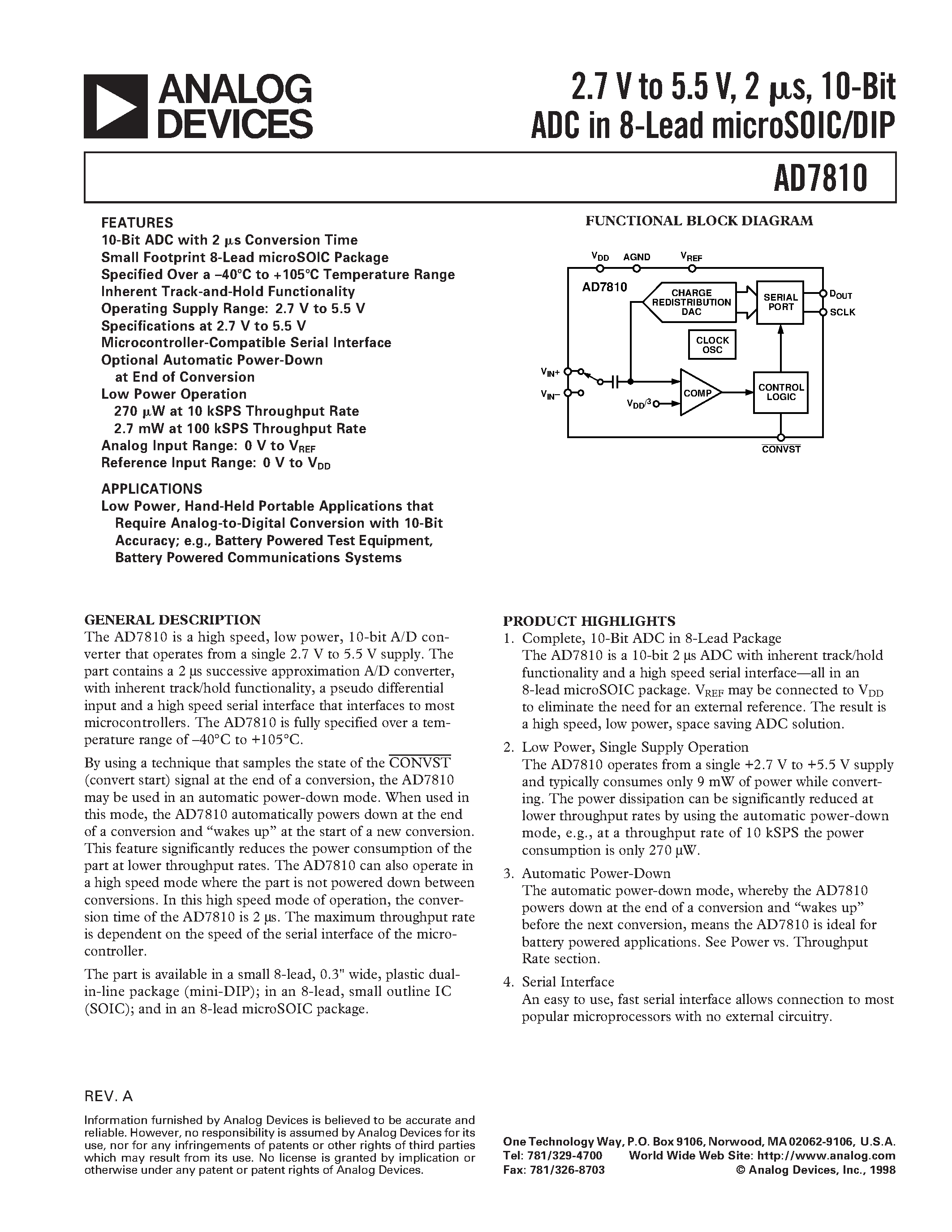 Datasheet AD7810YRM - 2.7 V to 5.5 V/ 2 us/ 10-Bit ADC in 8-Lead microSOIC/DIP page 1