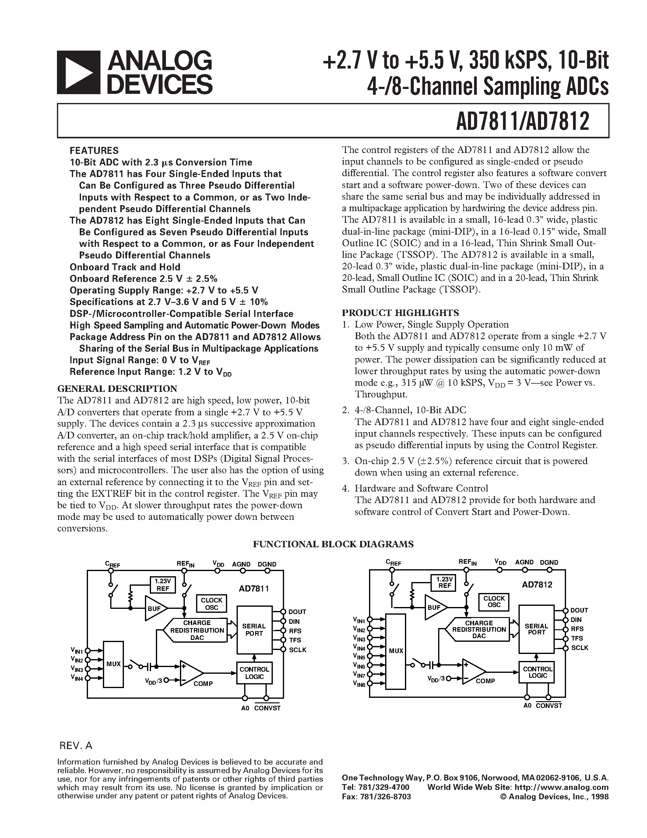Даташит AD7812YN - +2.7 V to +5.5 V/ 350 kSPS/ 10-Bit 4-/8-Channel Sampling ADCs страница 1