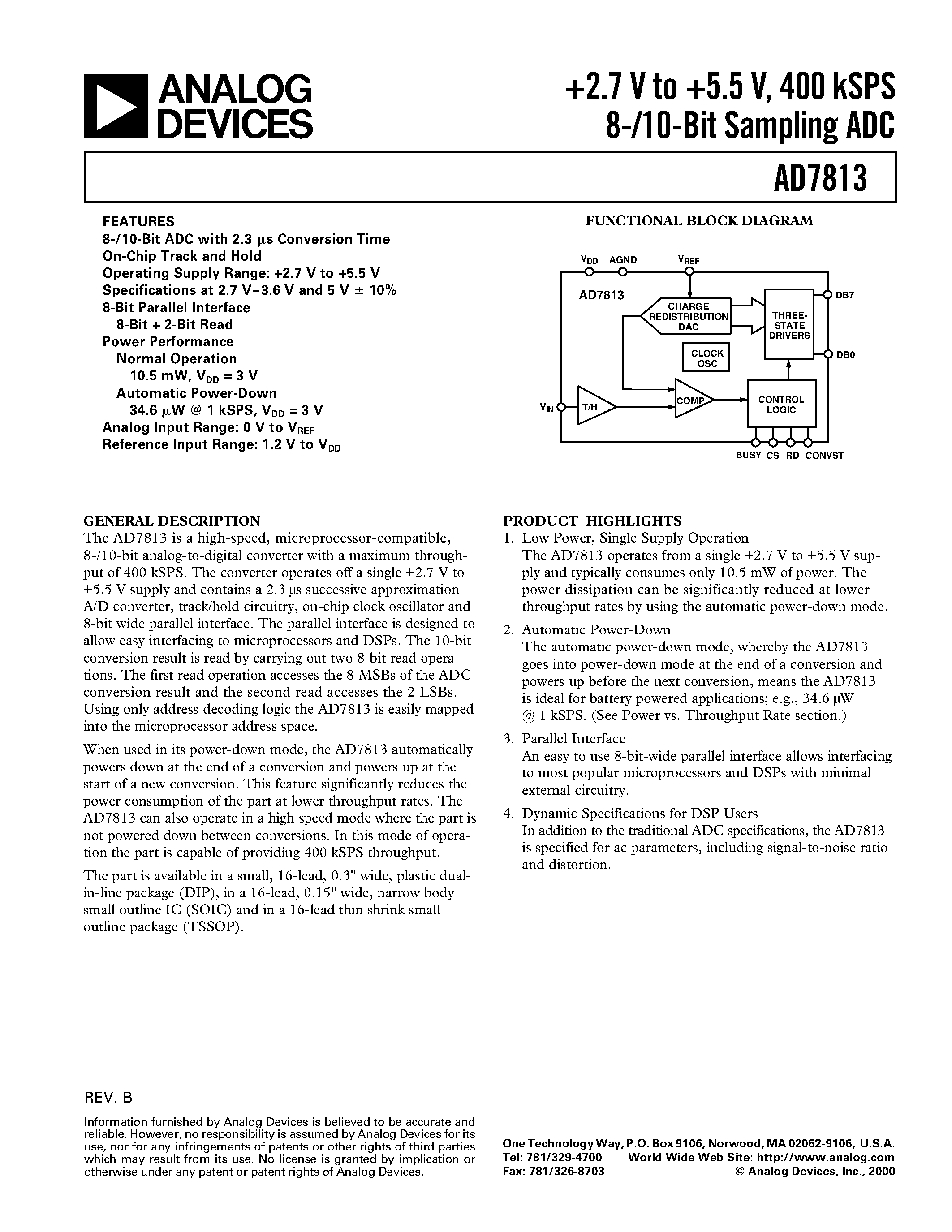 Datasheet AD7813YR - +2.7 V to +5.5 V/ 400 kSPS 8-/10-Bit Sampling ADC page 1