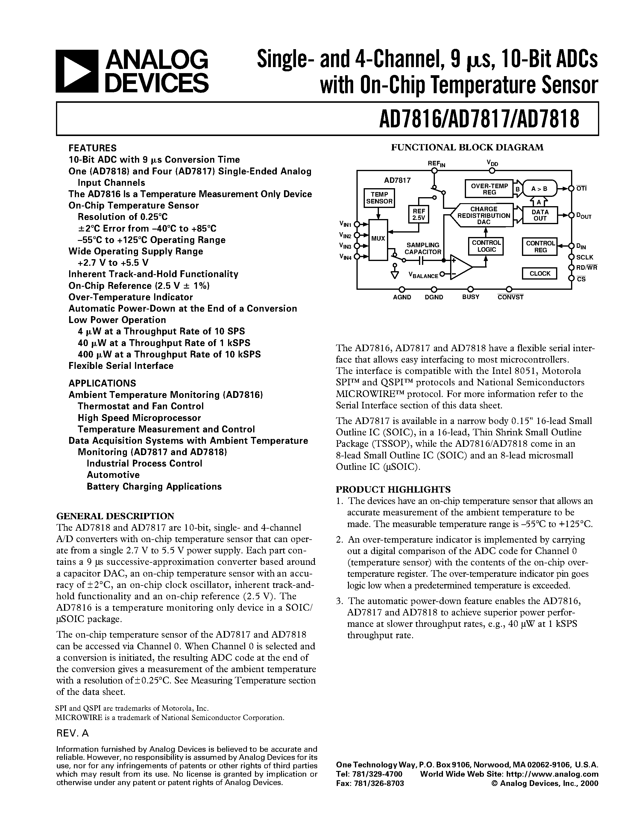 Даташит AD7816-7818 - Single- and 4-Channel/ 9 us/ 10-Bit ADCs with On-Chip Temperature Sensor страница 1