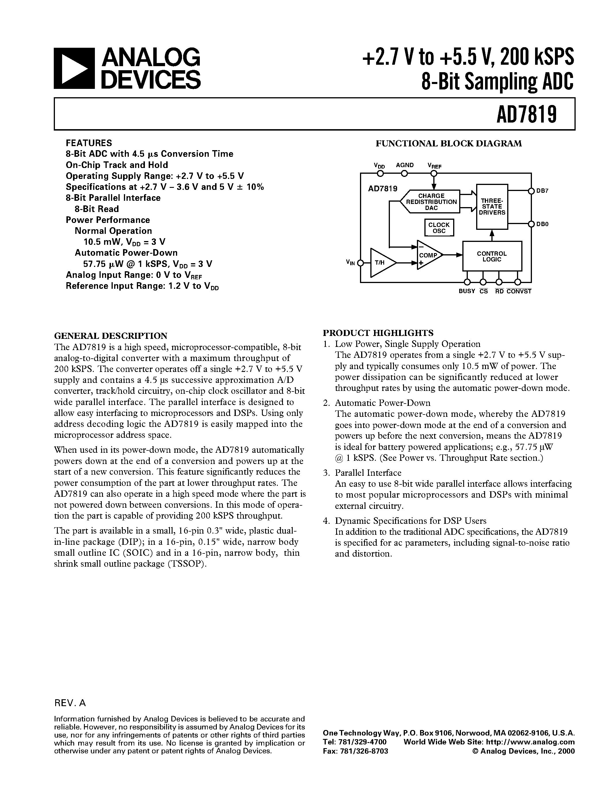 Datasheet AD7819 - +2.7 V to +5.5 V/ 200 kSPS 8-Bit Sampling ADC page 1