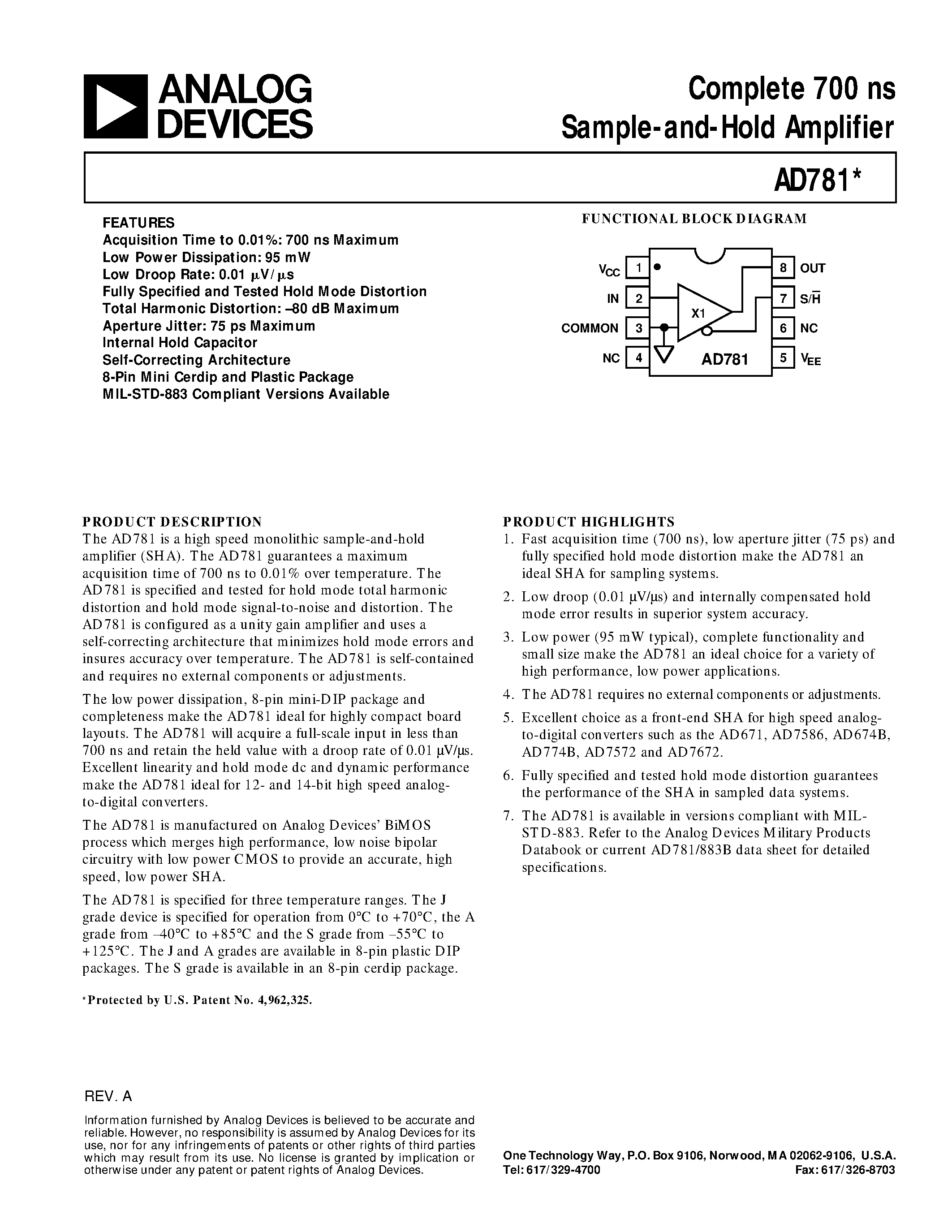 Datasheet AD781JN - Complete 700 ns Sample-and-Hold Amplifier page 1