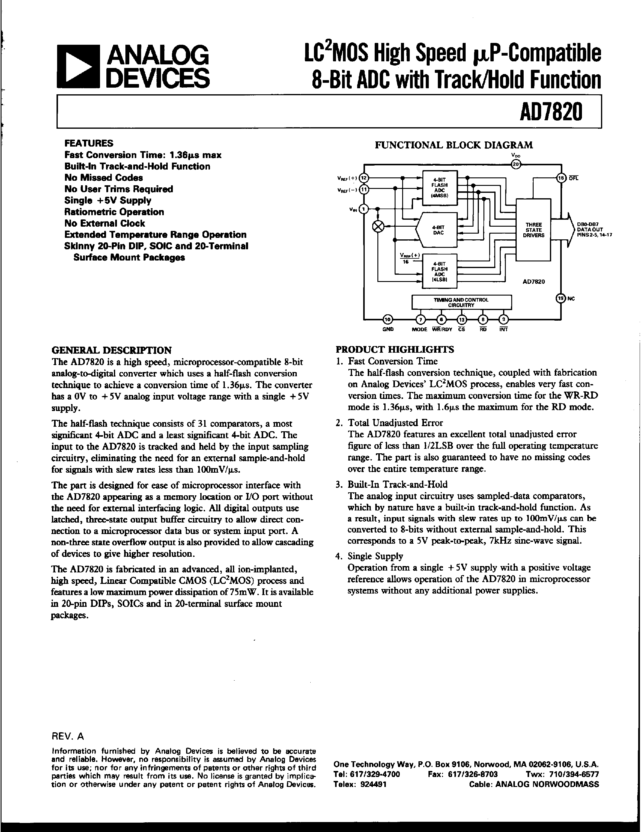 Даташит AD7820CQ - LC2MOS HIGH-SPEED uP-COMPATIBLE 8-BIT ADC WITH TRACK/HOLD FUNCTION страница 1