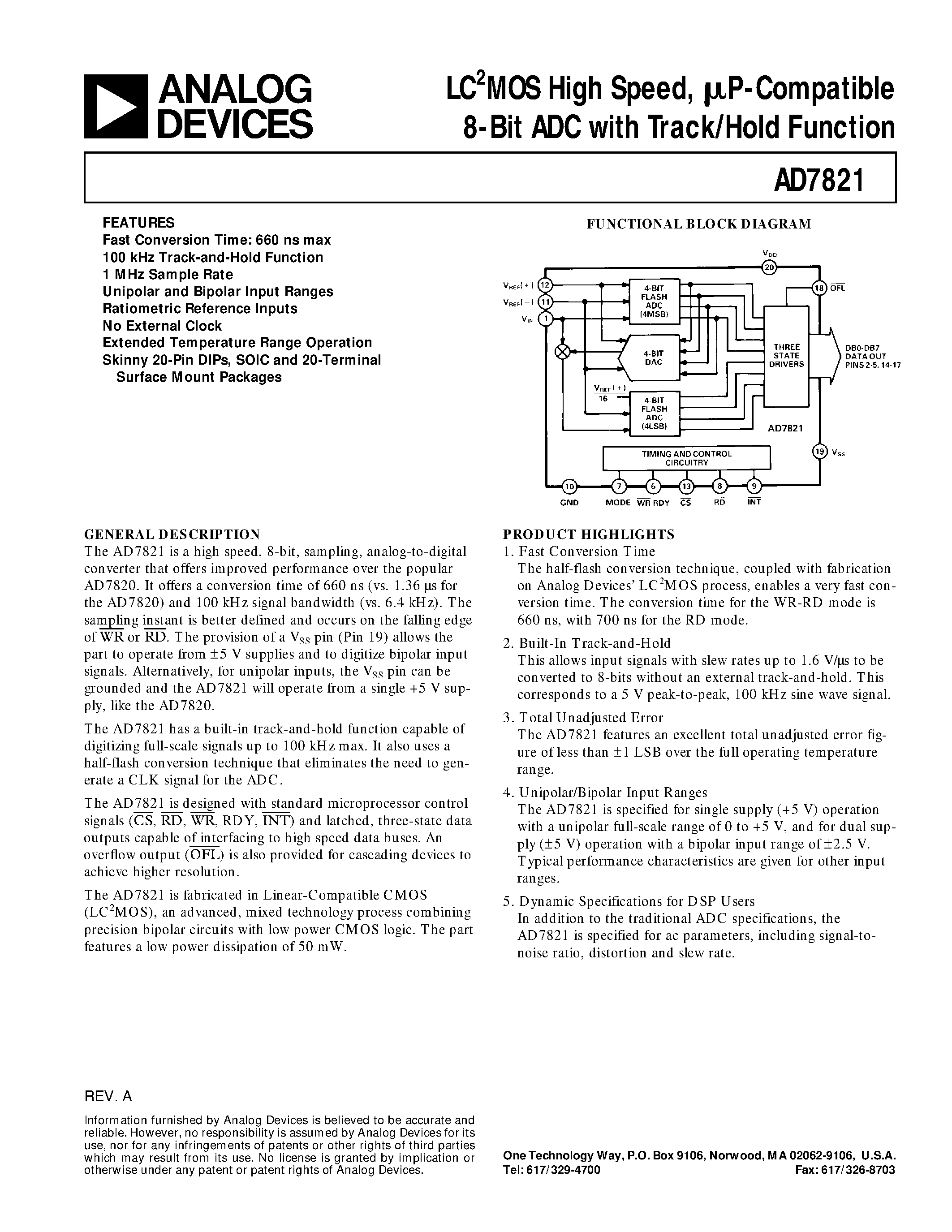 Даташит AD7821KP - LC2MOS High Speed/ mP-Compatible 8-Bit ADC with Track/Hold Function страница 1